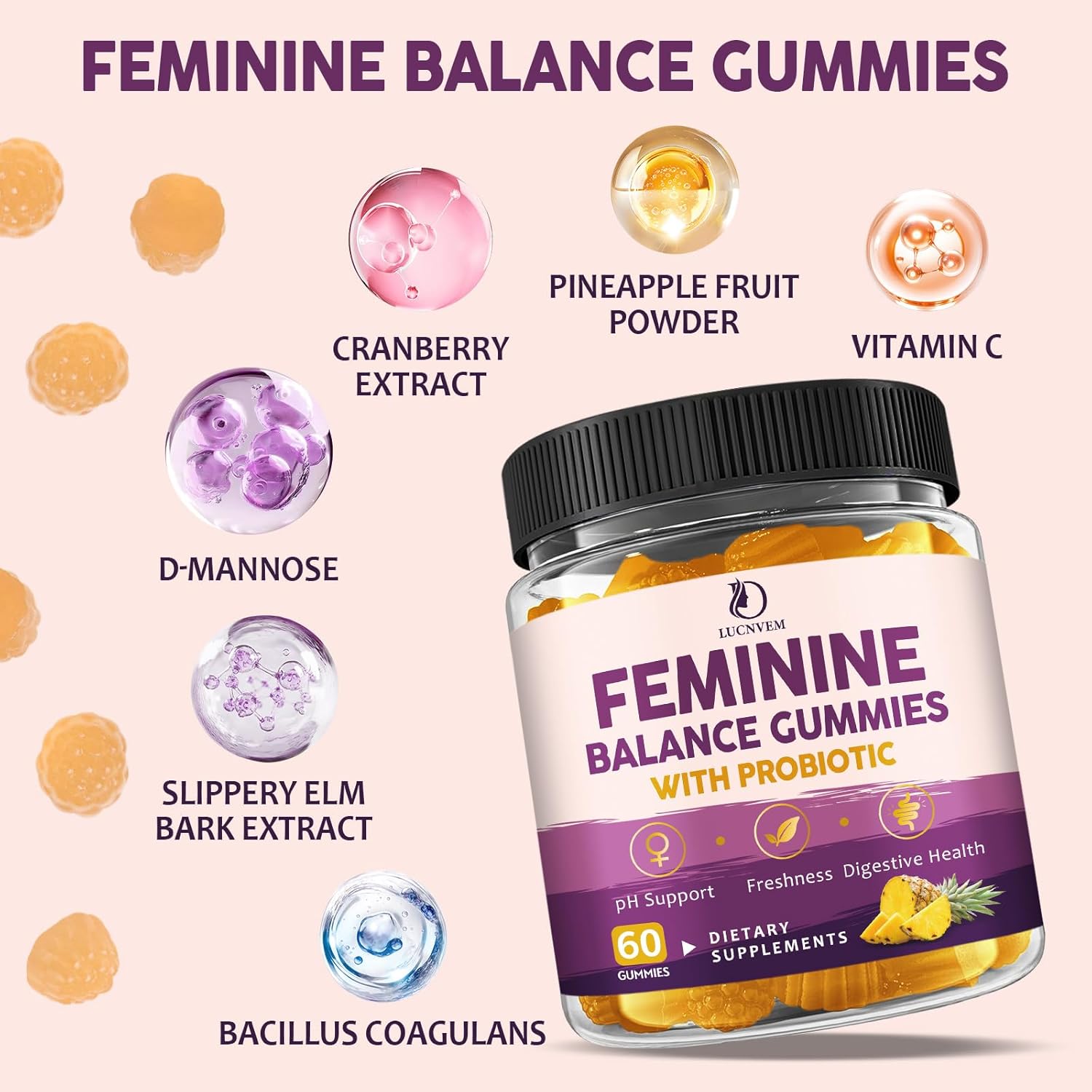 Feminine Balance Probiotic Gummies for Women – Support Vaginal Health, pH Balance, Freshness & Digestive Health – with Pineapple, Slippery Elm, Cranberry, D-Mannose – Sugar-Free, Pineapple Flavor - Image 2