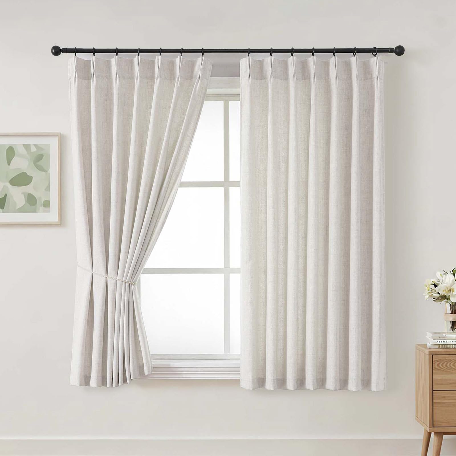 Ebesto Natural Pinch Pleated Curtains 63 Inch Length 2 Panels Set, Light Filtering Textured Soft Airy Faux Linen Fabric Curtains for Living Room, Farmhouse Thick Window Drapes, 2x40Wx63L Inches