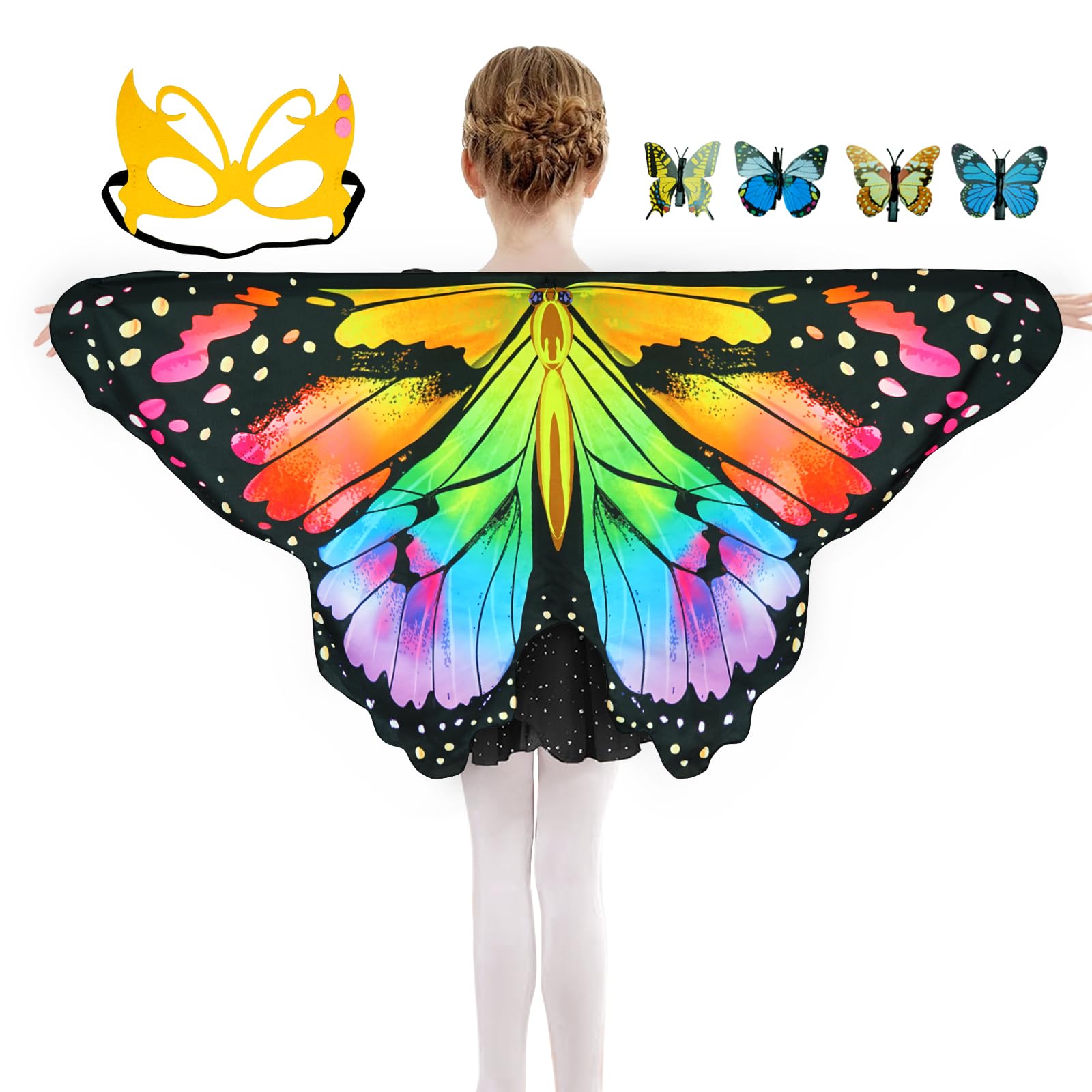 Butterfly Costume Set For Girls - Wings Cape, Mask & Headband, Halloween Fairy Dress Up Accessory