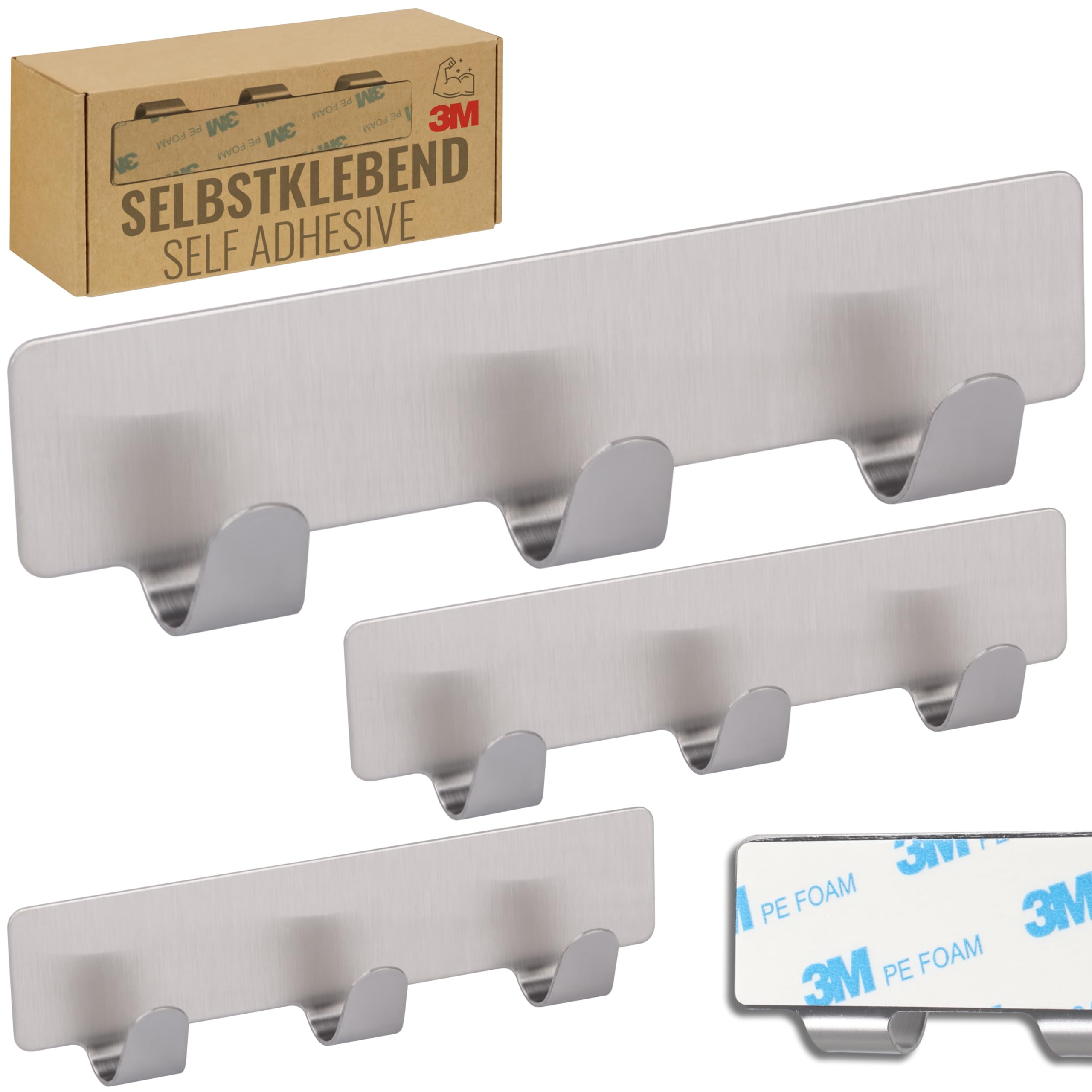 RICOO 3 x Hakenleiste Küche mit 3 Edelstahl Haken selbstklebend MH020-3 Handtuchhaken ohne Bohren Klebehaken Badezimmer Kleiderhaken zum Kleben Badhaken Badezimmerhaken Wandhaken Bad Aufhängehaken
