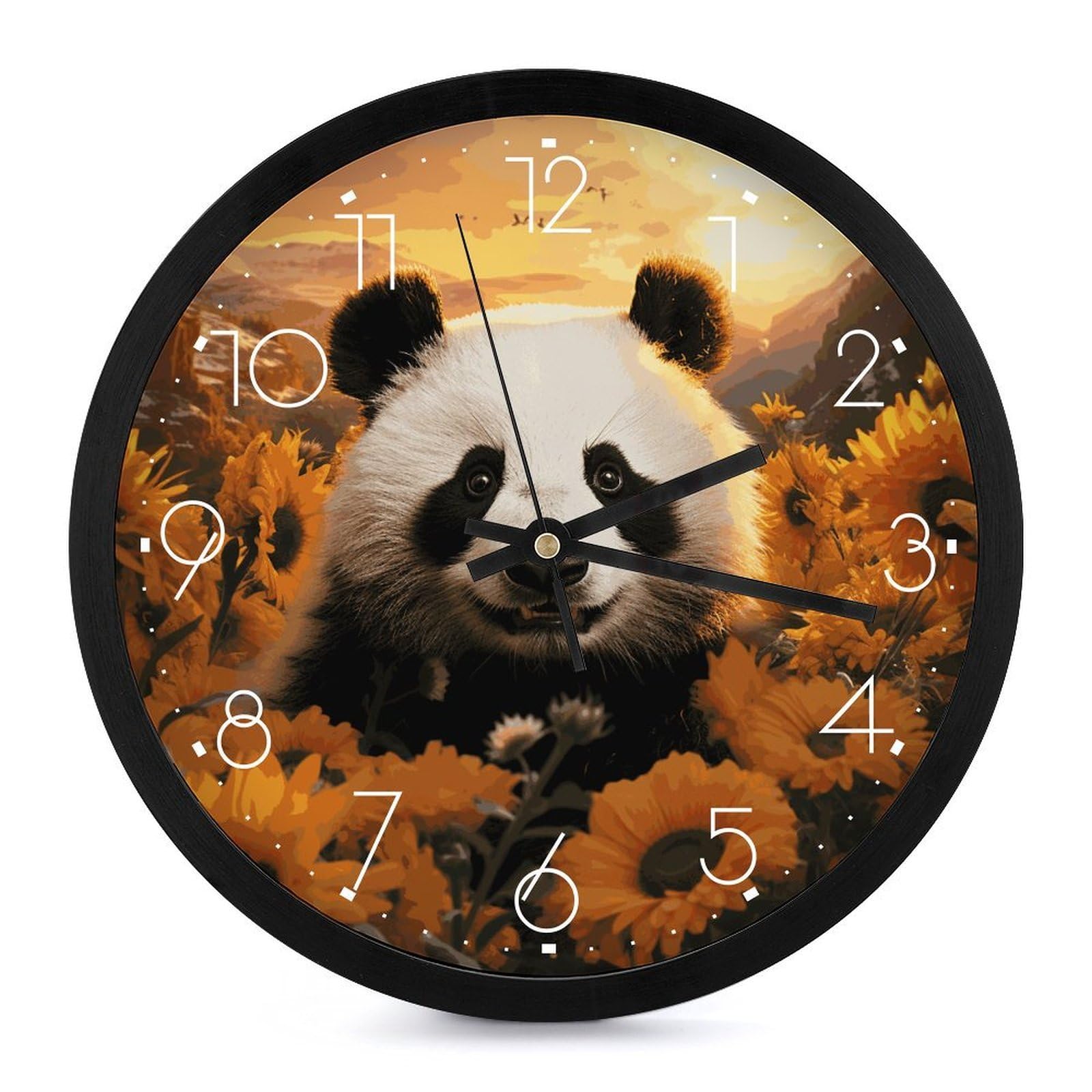Horloge murale panda et tournesol ronde de 25,4 cm pour la maison