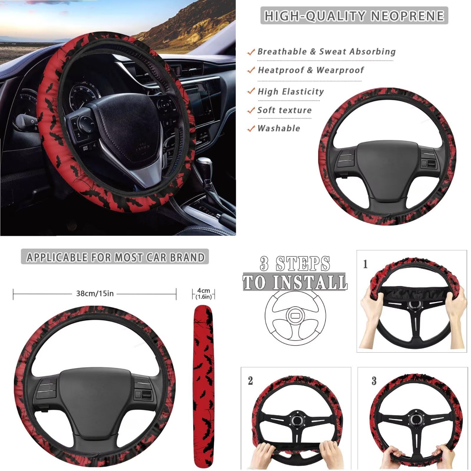 Set completo di coprisedili per auto con stampa di pipistrelli, coprisedili con schienale alto, coprivolante, console centrale, braccioli imbottiti, cuscinetti per cinture di sicurezza