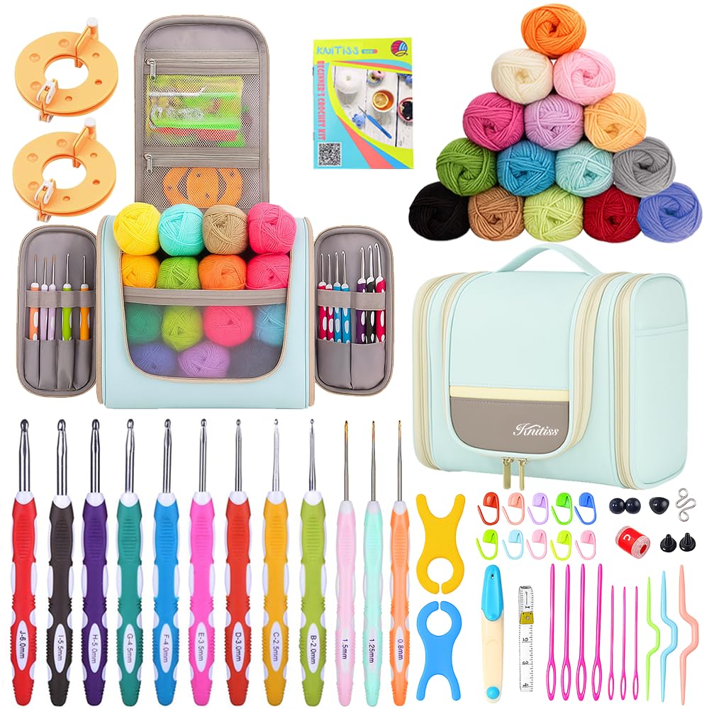KNITISS Kits de ganchillo con estuche, juego de ganchillo para principiantes incluye 18 madejas de hilo y 12 ganchos ergonómicos de ganchillo