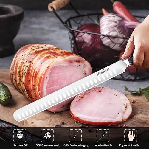 Miniatura 5 de MOSFIATA Cuchillo de tallado de rebanado de 12 pulgadas cuchillo de corte BBQMeat cuchillo de corte forjado de acero alemán de alto carbono diseño