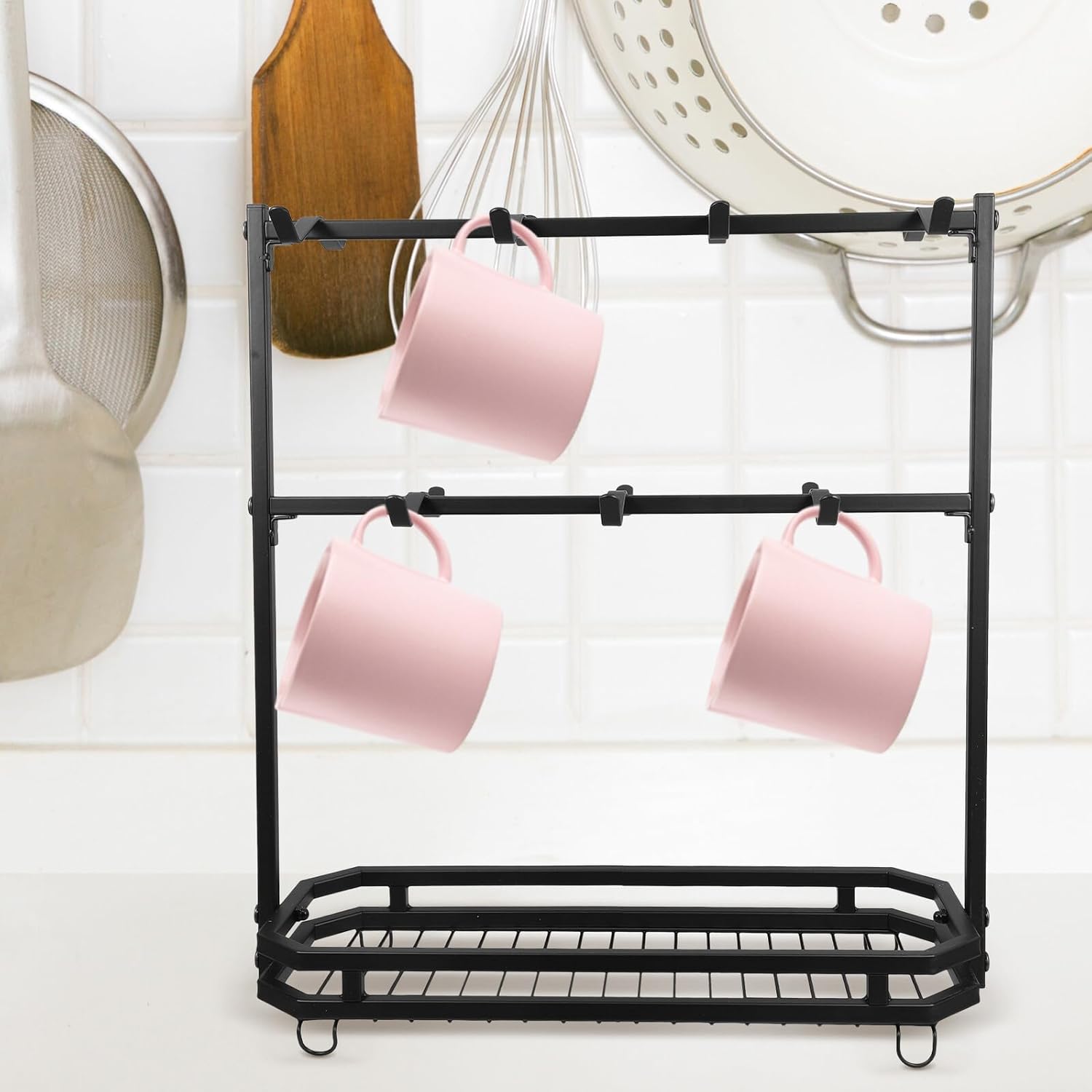 Luxshiny Iron Mug Rack 3-Tier Coffee Mug Holder Metal Cup Organizer for Kitchen Cabinets Countertop Storage Tea Cup Display Stand with Hooks for Home Coffee Station