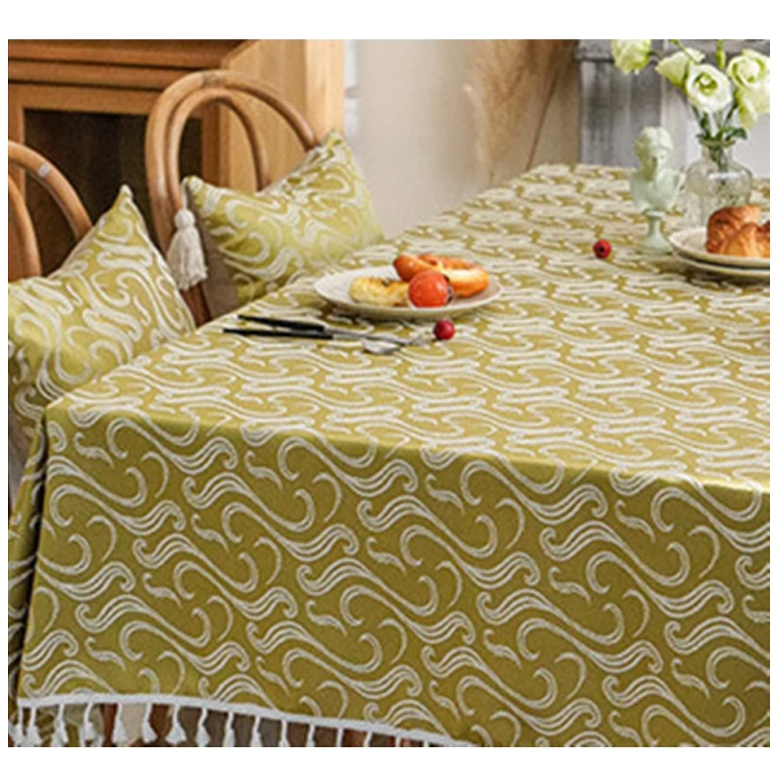 Nappe Rectangulaire 135x200 cm, Nappe Anti Tache en Lin 4-6 Personnes Broderie Vague avec Pompons