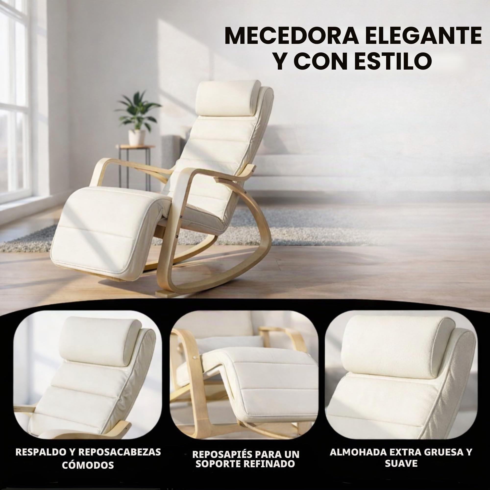 Bayt Sillón Relax Mecedora, Mecedora de Lactancia y Sillón de Lectura, Butaca de Salón Cómoda con Reposapiés, Patas de Madera, Estilo Escandinavo Moderno, Blanco