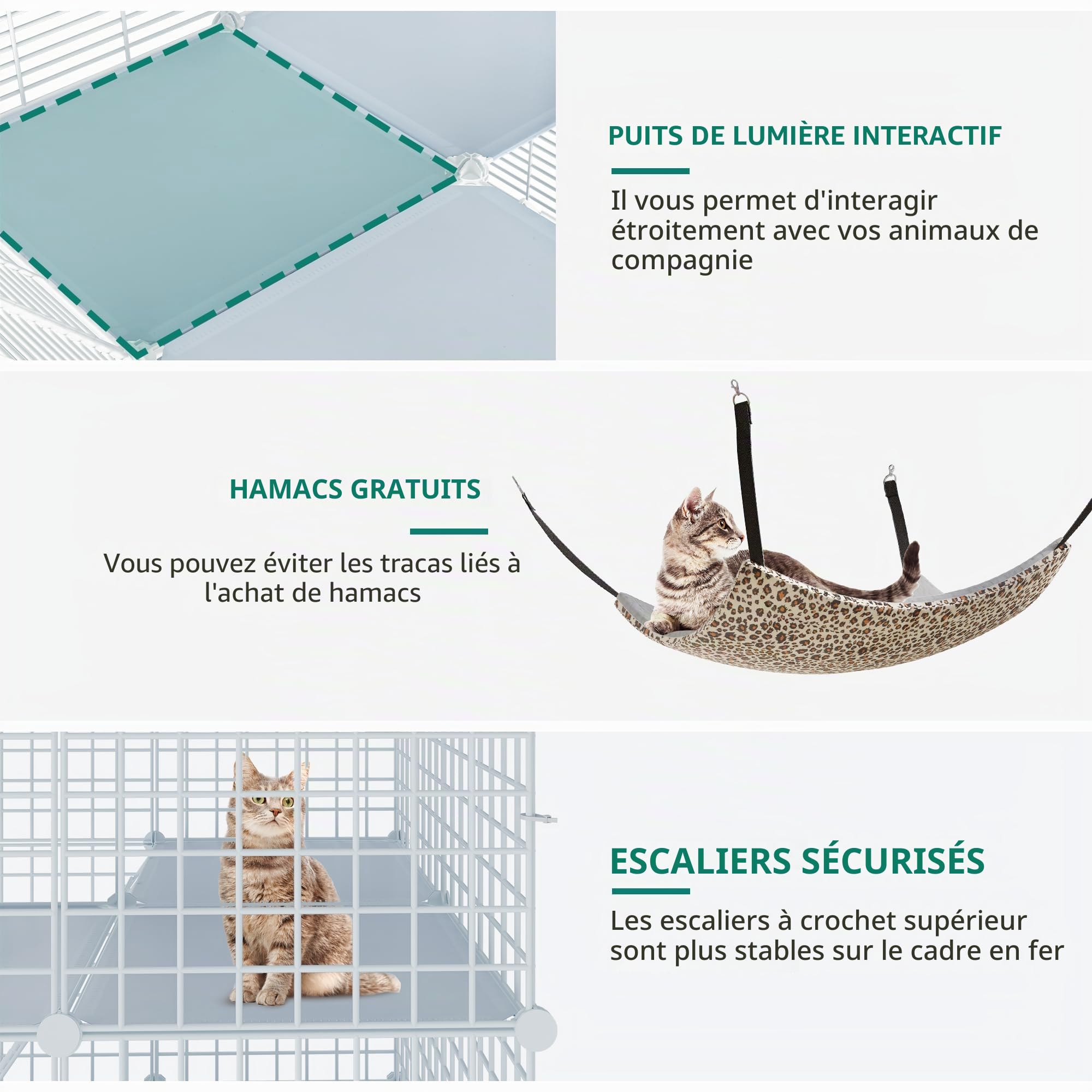 YITAHOME Cage d'intérieur pour Chat 3 Niveaux à Monter soi-même, Niche pour Chat avec Hamac Extra Large, 72 x 72 x 104 cm, Blanc
