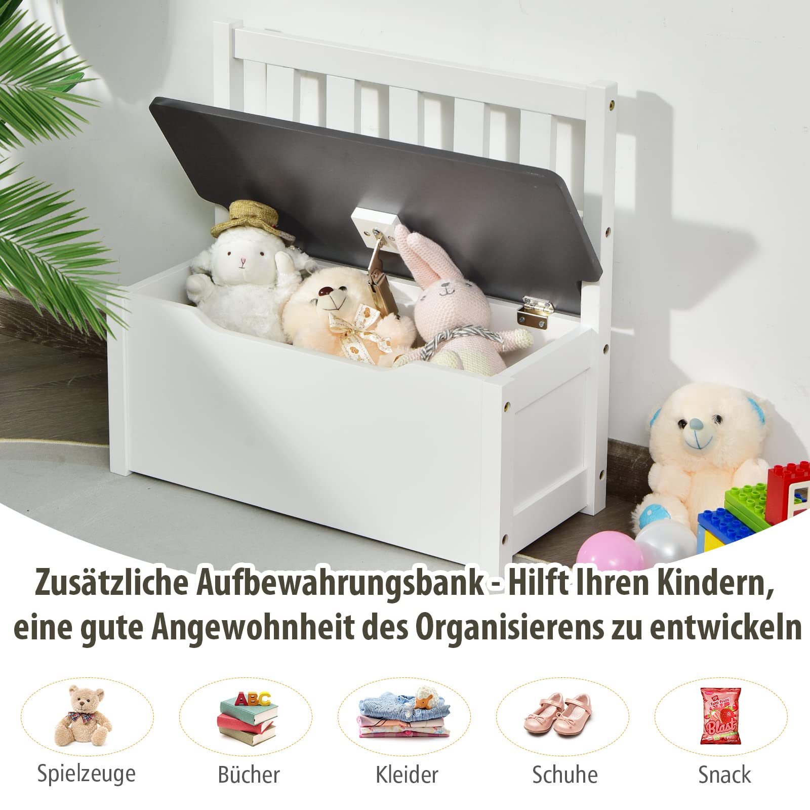 DREAMADE Kindertisch mit 2 Stühlen, Kindersitzgruppe mit 22L Strauraum, Kindertisch aus Holz, Kindertruhenbank Kindermöbelset Holzsitzgruppe für Kinderzimmer, Spielzimmer, Wohnzimmer (Grau)