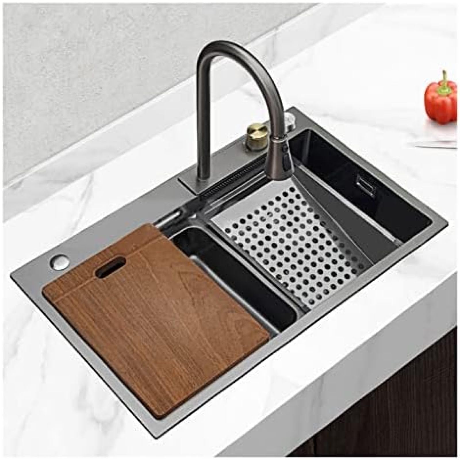 ZQFHSX Modern Black 304 Stainless Steel Undermount Kitchen Sink NanoWaterfall Single Bowl with Cup Washing Basin & PullDown Faucet for Laundry Room