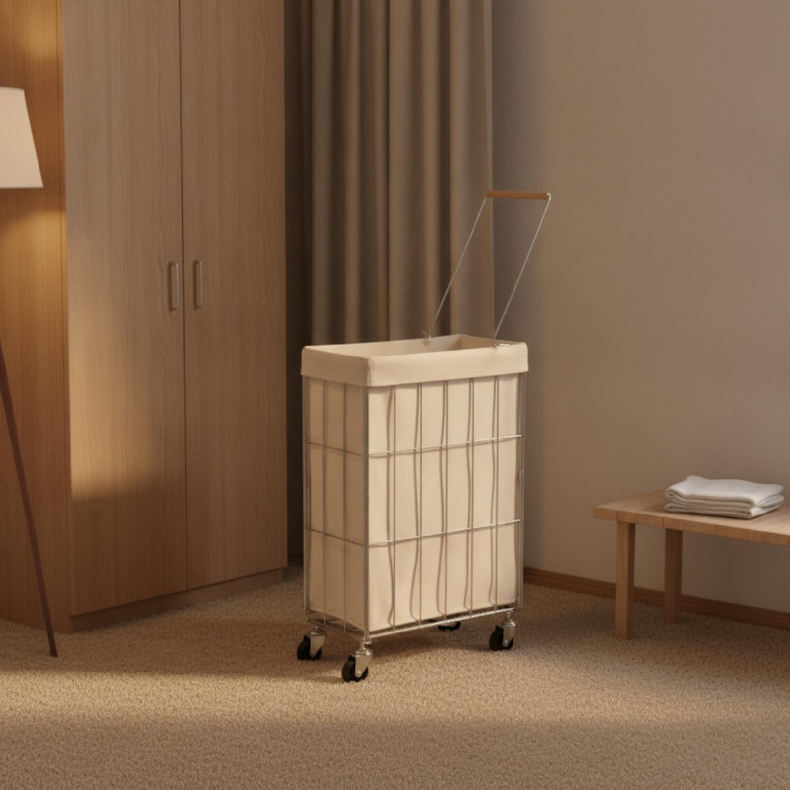 Carrello Biancheria Pieghevole Carrello Lavanderia Carrello con Ruote Telaio Acciaio Inox 201 Manico Spinta 34 Cm Ruote Girevoli Scorrimento Sacco Removibile Adatto per Casa Bagno Corridoio