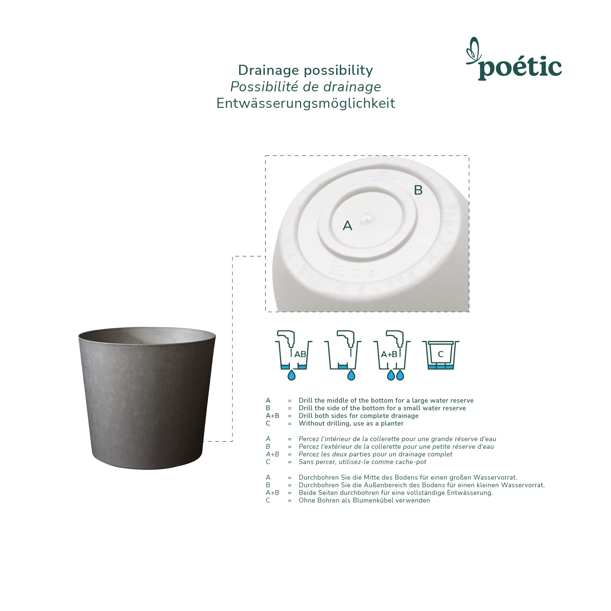POETIC - Blumentopf für den Außenbereich - Konisches Pflanzgefäß für Indoor - Farbe Schiefer - 39,1 x H.32 cm, 30 Liter - Aus recyceltem Kunststoff