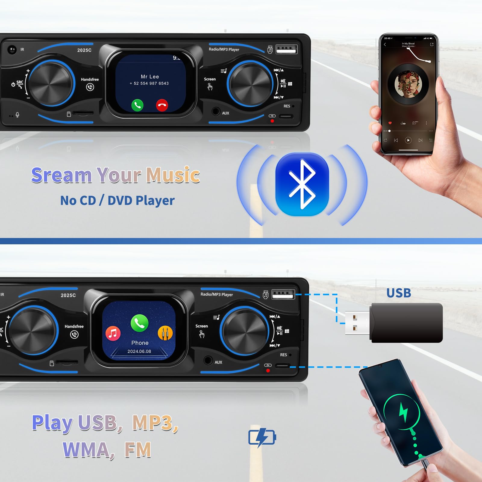 Hikity 1 Din Autoradio mit Touchscreen, Radio 1 DIN mit FM, Bluetooth,USB/SD/AUX-IN, Freisprecheinrichtung, Unterstützt 7 Farben Beleuchtung und Schnellladung
