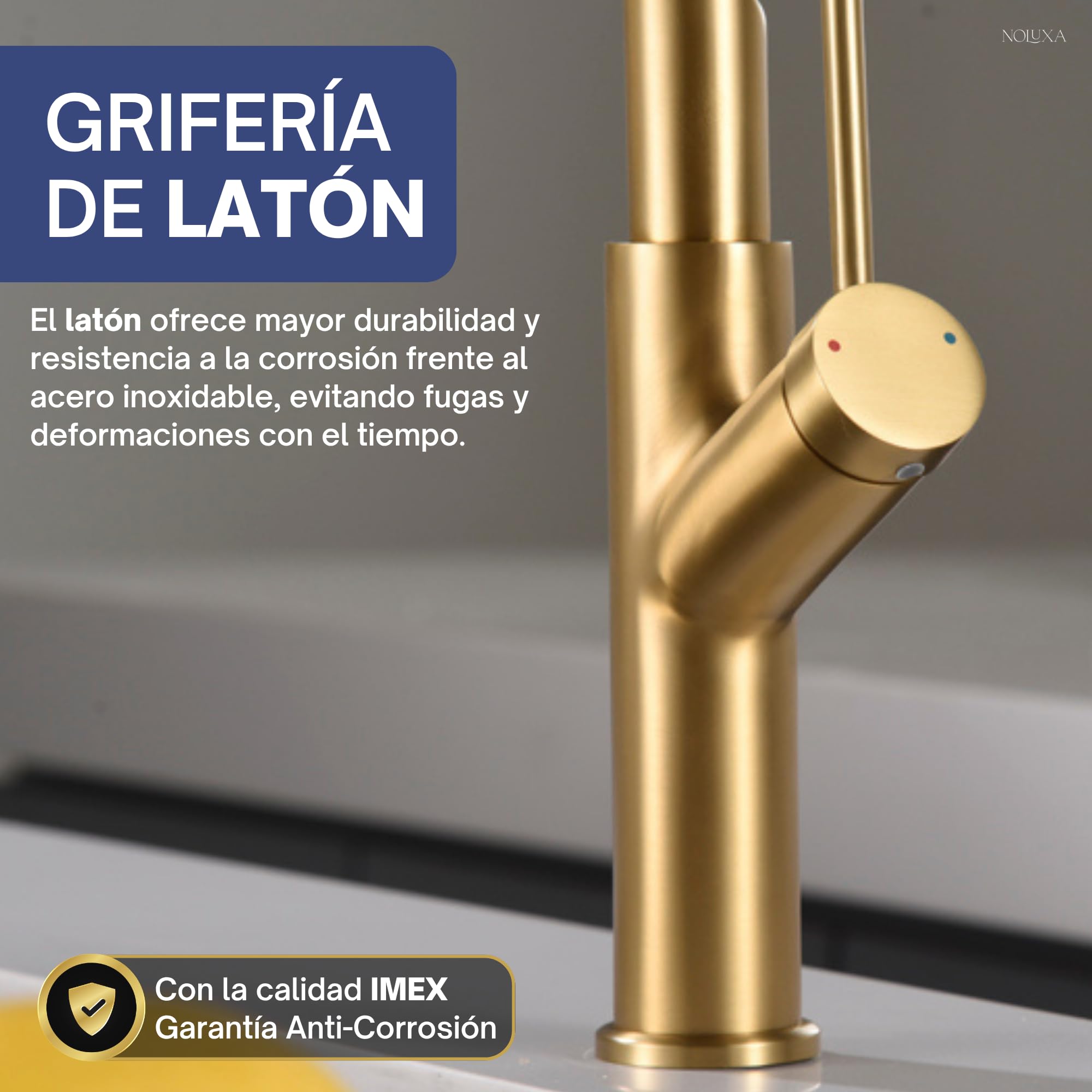 IMEX - Grifo Cocina Dorado Extraíble | Grifo Monomando Fregadero | Griferia Cocina con Ducha Flexible 360º | Grifería en Latón | Serie Sena | Color Oro Cepillado