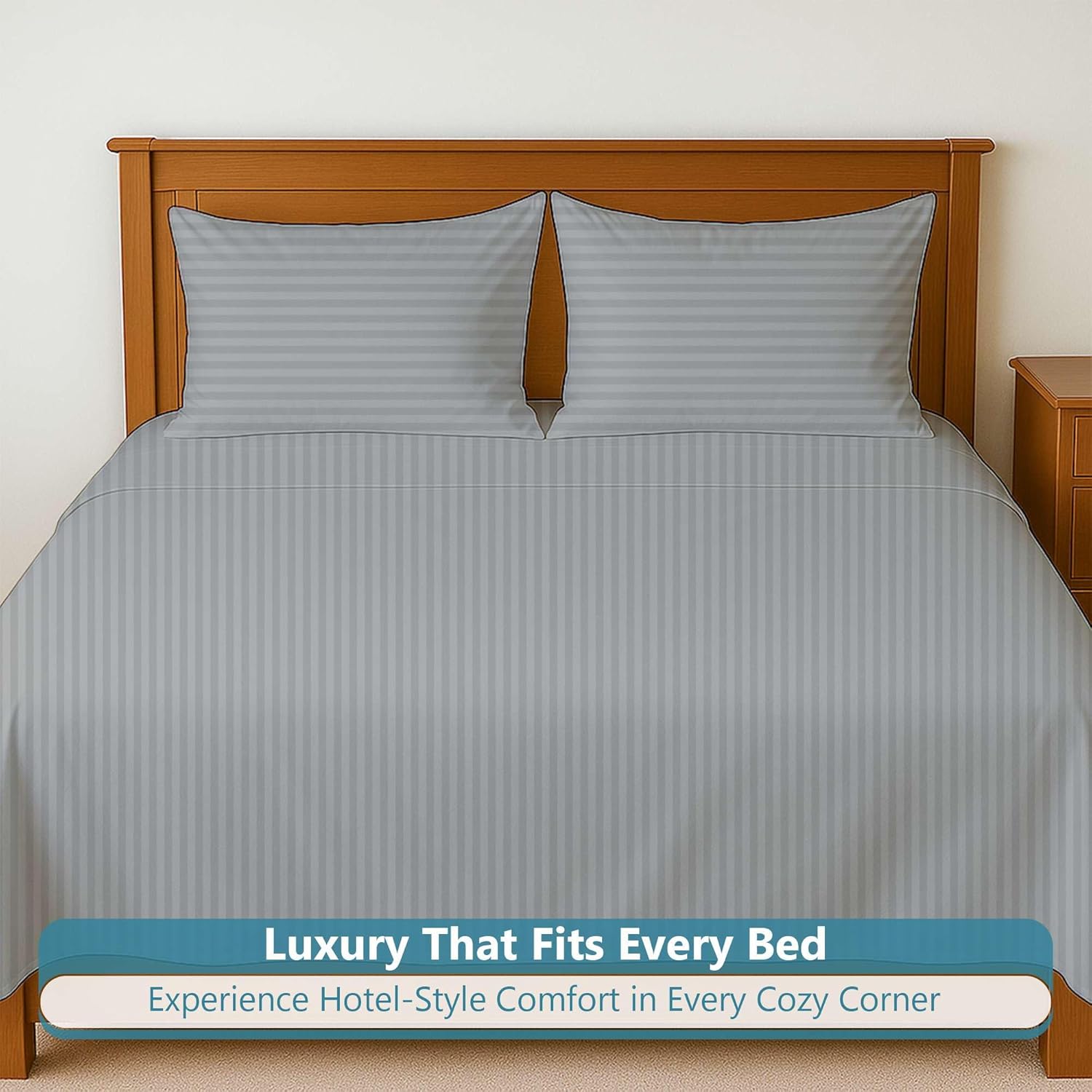 5-Piece Split King Adjustable Sheets - 100% Egyptian Cotton 400-TC, 15 Inch Deep Pocket - Light Grey Stripe