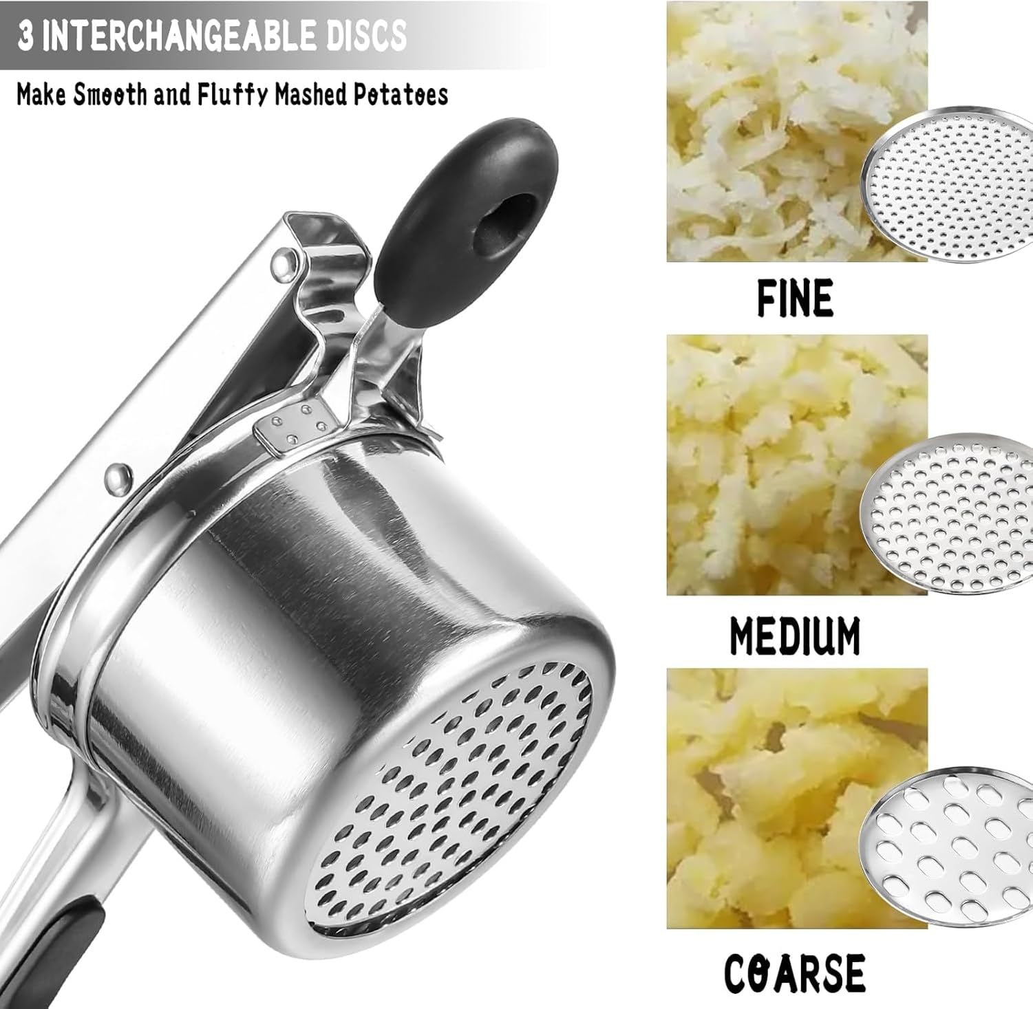 Großer Kartoffelstampfer aus rostfreiem Edelstahl mit 3 auswechselbaren Scheiben, und vielseitiges Kartoffelpüree Nudel Werkzeug, Knödelmaschine, Mutterküchenpr