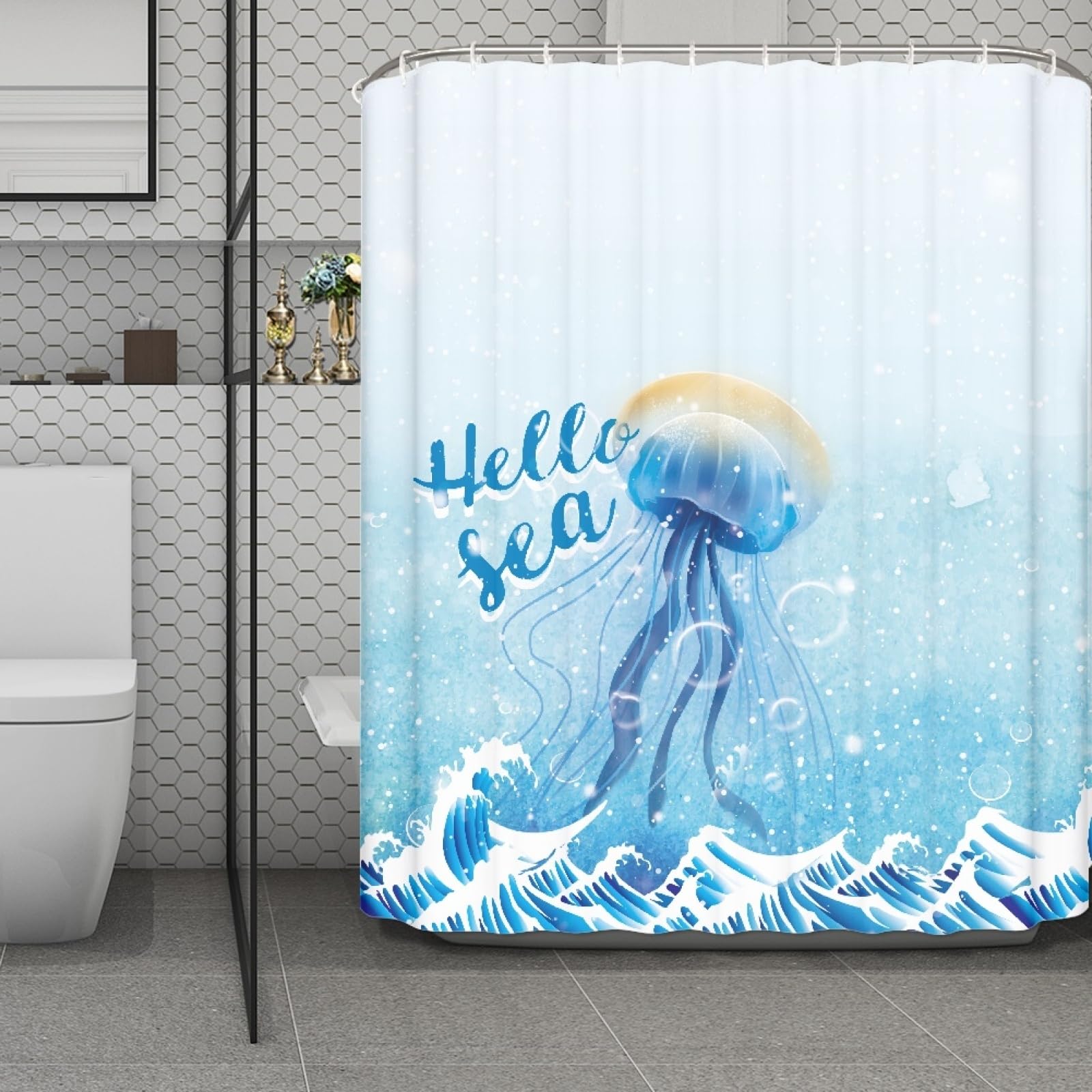 Rideau douche 200x240 finition haut de gamme motif méduse bleue