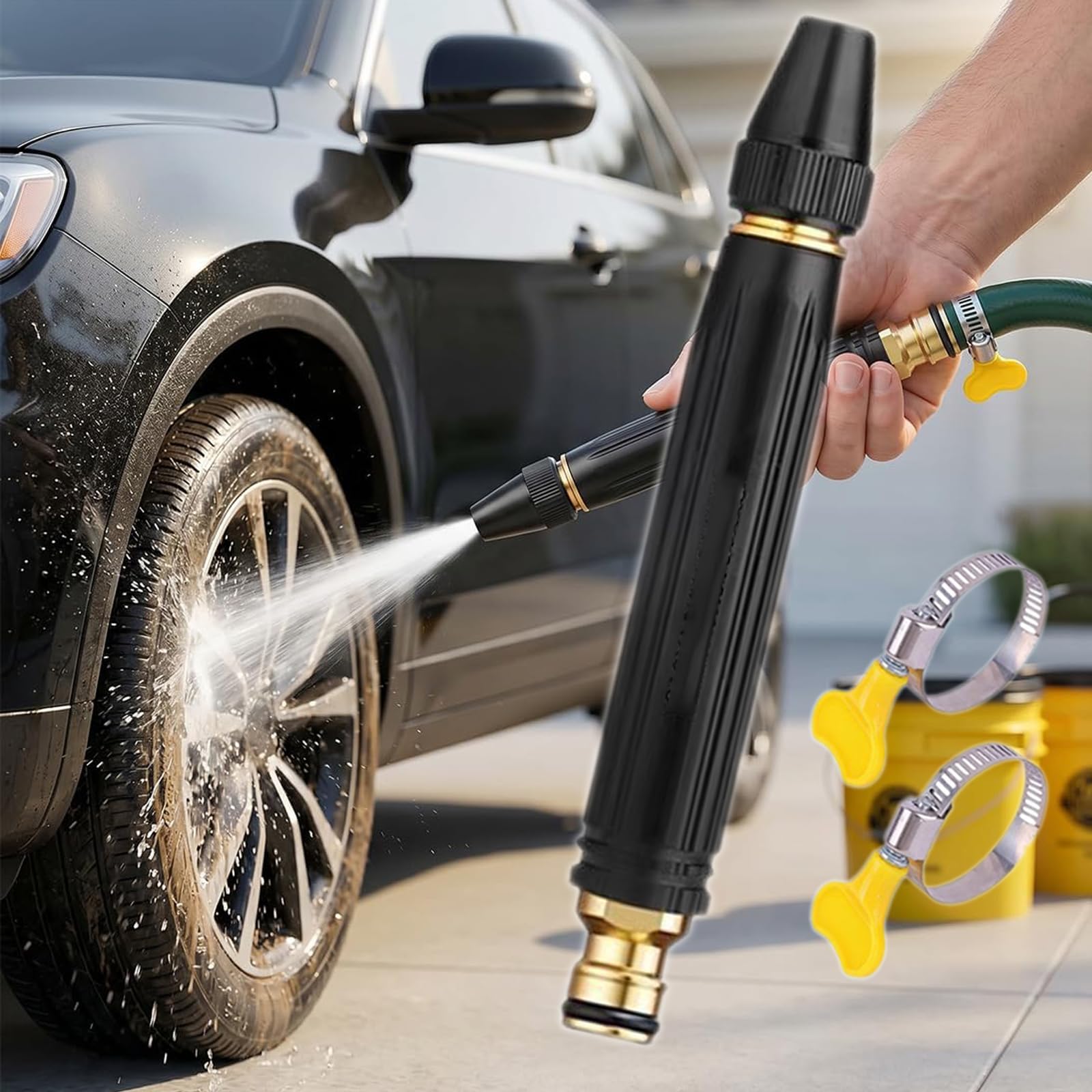 High-Pressure Car Wash Water Gun with Booster Nozzle, All Metal, Adjustable Jet Mist Shower Spray Modes, Rust Proof Garden Hose, for Car Cleaning and Patio (1 Sets)