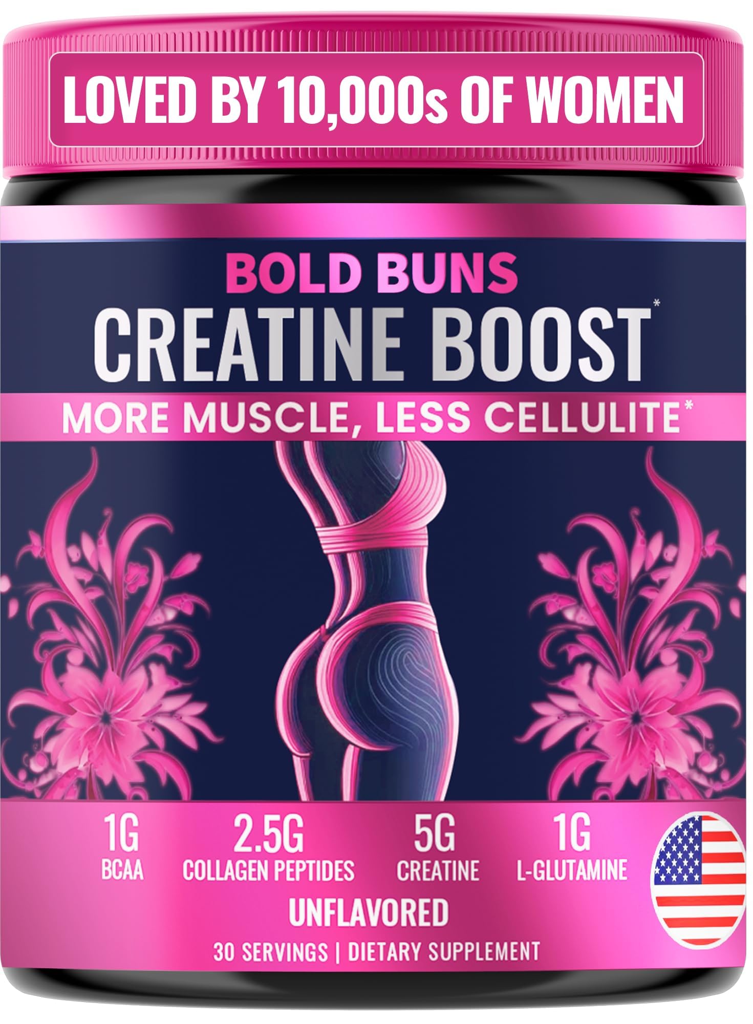 Creatine for Women - Booty Builder Supplement with Collagen & BCAA - Supports Glute Growth & Reduces Cellulite Appearance - Unflavored Powder - 30 Servings