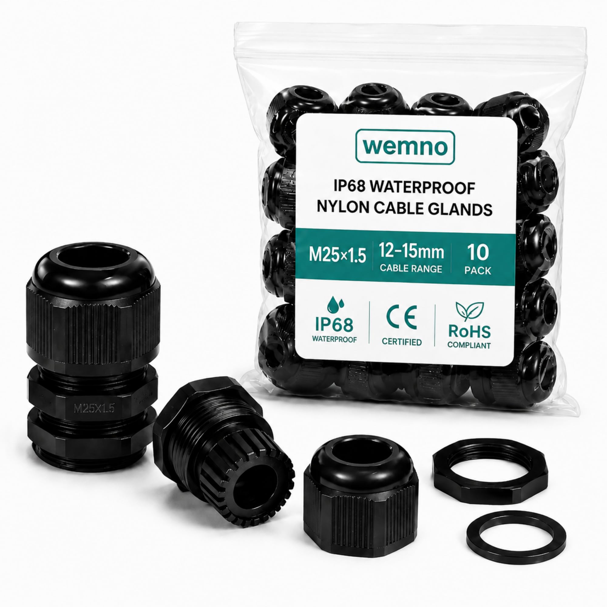 WEMNO 10 Pack M25 Cable Glands IP68 Waterproof | 25mm Nylon Cable Gland Connectors for 12–15mm Cables | Certified CE & RoHS | PA6 Compression Stuffing Gland | Locknut and Gasket Included | Black