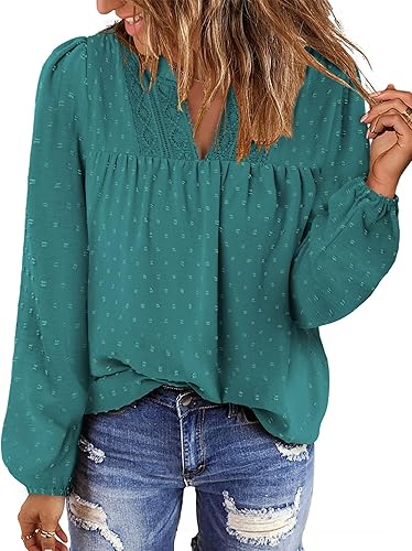 BETTE BOUTIK Women Boho Long Sleeve Shirts Dressy Casual V Neck Fall Fashion Tops Swiss Dot Flowy Blouses