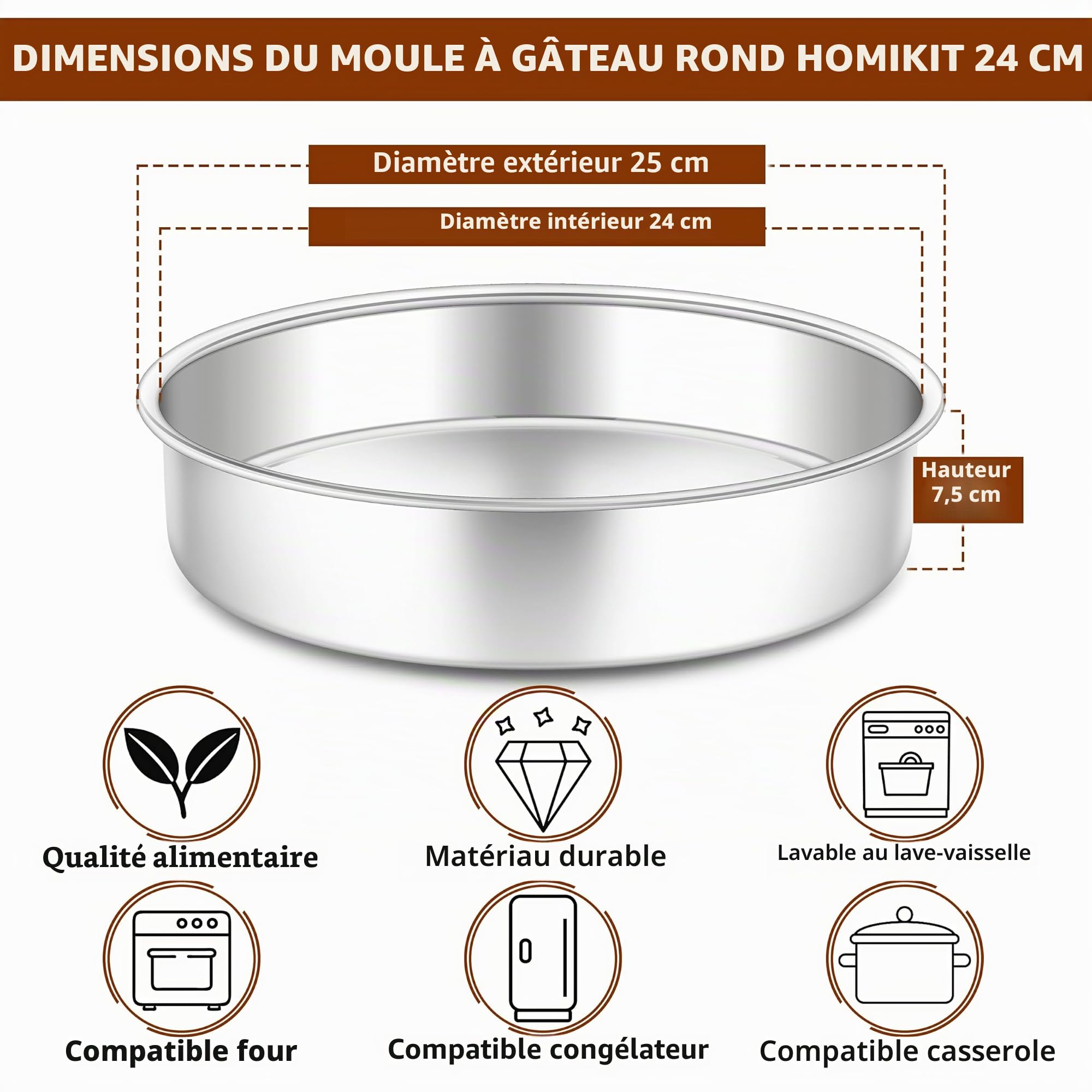 Homikit Moule à gâteau en acier inoxydable, 24 cm, 7 cm de profondeur, de qualité supérieure, non toxique et inoxydable, poli miroir et passe au lave-vaisselle