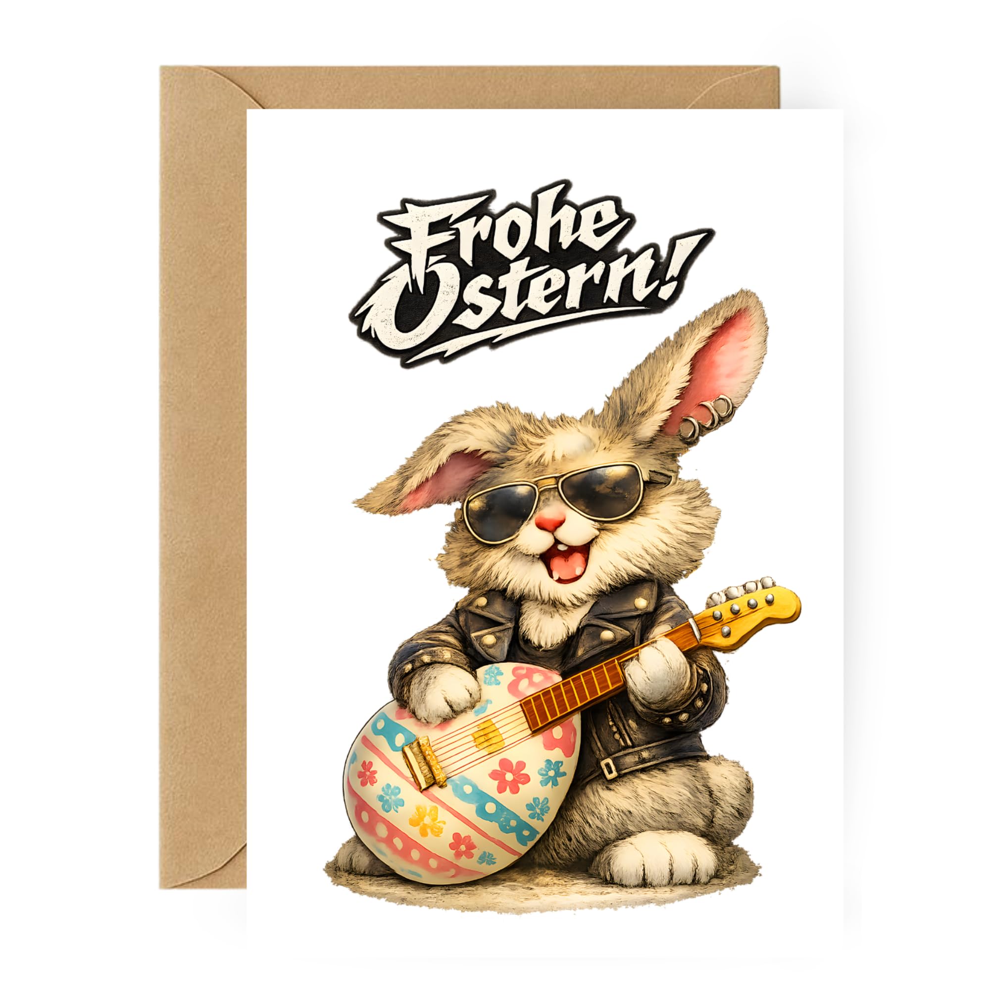 Lustige Osterkarte für Rockfans – Frohe Ostern mit Rock Hase und Gitarre | Coole Ostergrüße für Musiker, Teenager & Erwachsene mit Humor | Faltkarte A6 inkl. Umschlag