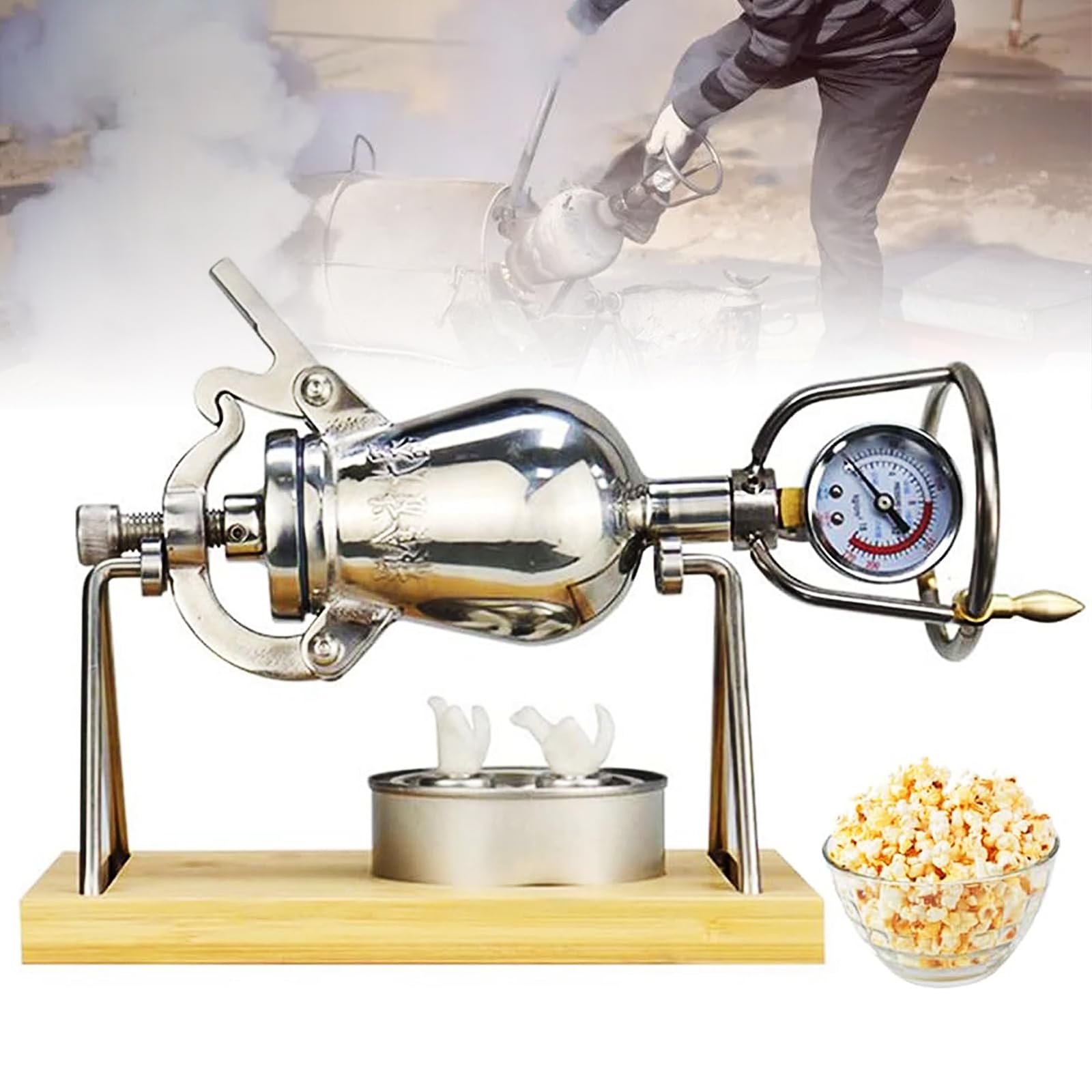 Staromodna maszyna do popcornu, ręczna maszyna do popcornu o pojemności 300 ml Domowy mały wzmacniacz do ziaren żywności ze stali nierdzewnej, retro wysokociśnieniowa maszyna do robienia popcornu