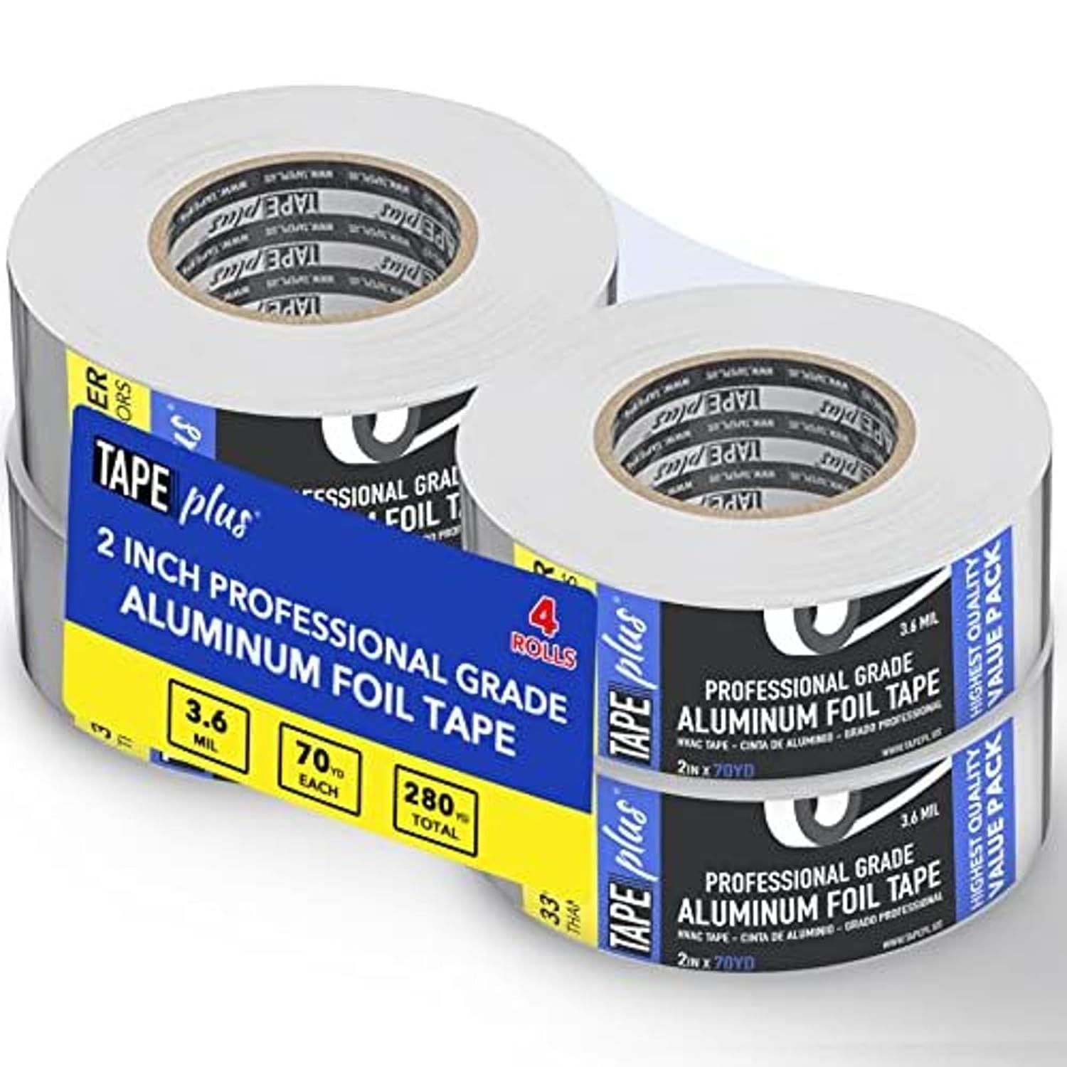 TapePlus Aluminum Foil Tape - Heat Resistant Duct Seal for HVAC Applications - Waterproof Insulation Tape - Aluminum Adhesive Sheet for Dryer Duct Repairs - 4 Pack, 2 in x 210 ft, Silver