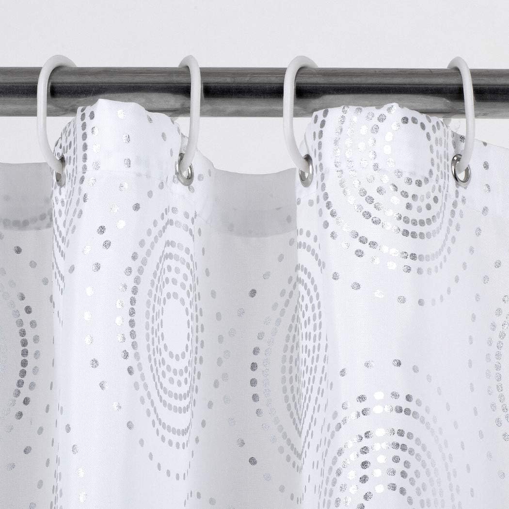 Rama Rose Foiled Printed Shower Curtain with Hooks for Bathroom, Silver Circle, 72 x 72 Inch, Silver/White