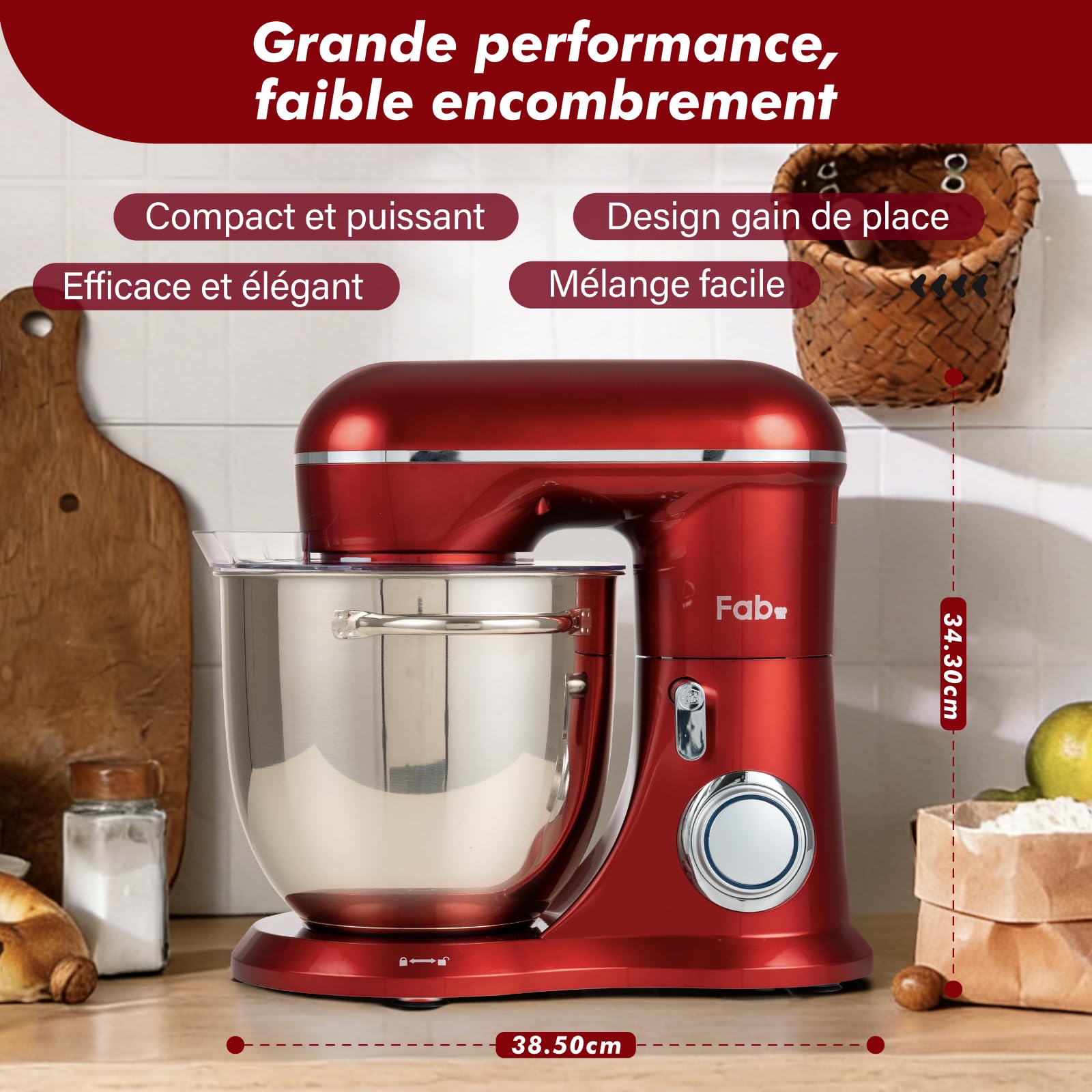 Robot Patissier, Kitchen in the box 6L Batteur Electrique Cuisine, Pétrin Professionnel 1300W avec Fouet, Batteur et Crochet Pétrisseur, 10+P Vitesses