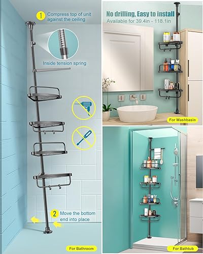 Miniatura 6 de ADOVEL Organizador de ducha esquinero de 4 capas, organizador de ducha con poste de tensión constante de acero inoxidable, estante de ducha de