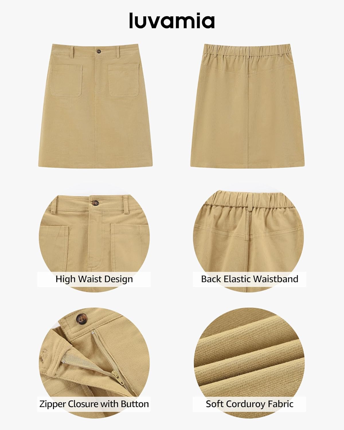 luvamia Corduroy Skirts for Women High Waisted Trendy Fall Elastic Waist Casual Stretchy Short Skirts with Patch Pockets - Image 5