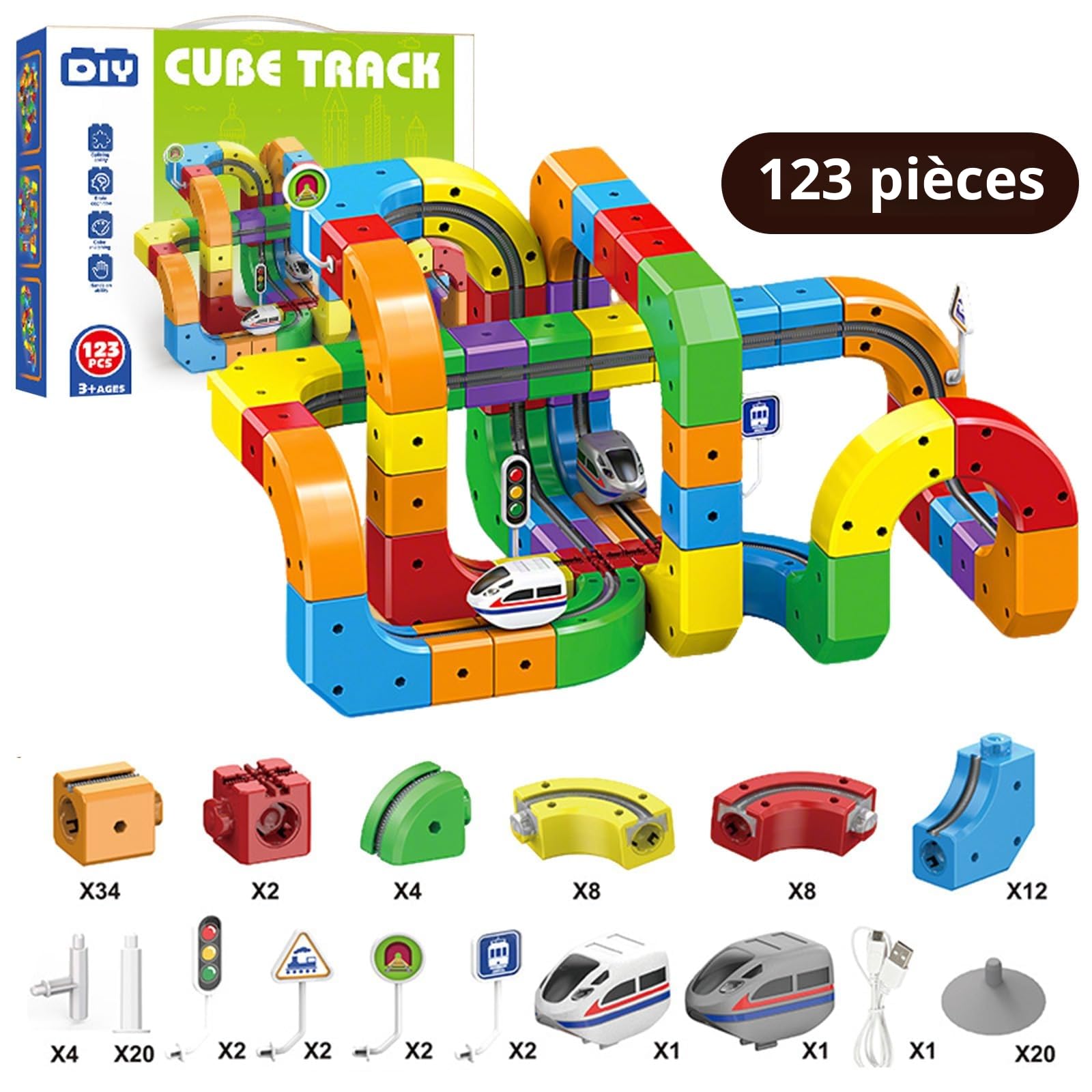 Circuit Train Electrique Clickrail, DIY Cube Track Blocs Rail Cube Klickrail, Cubix 3D Parcours Relief DéFiant Gravité, Blocs Train Magnetique Enfant, Circuit Trains électrique Enfant (123 Pièces)