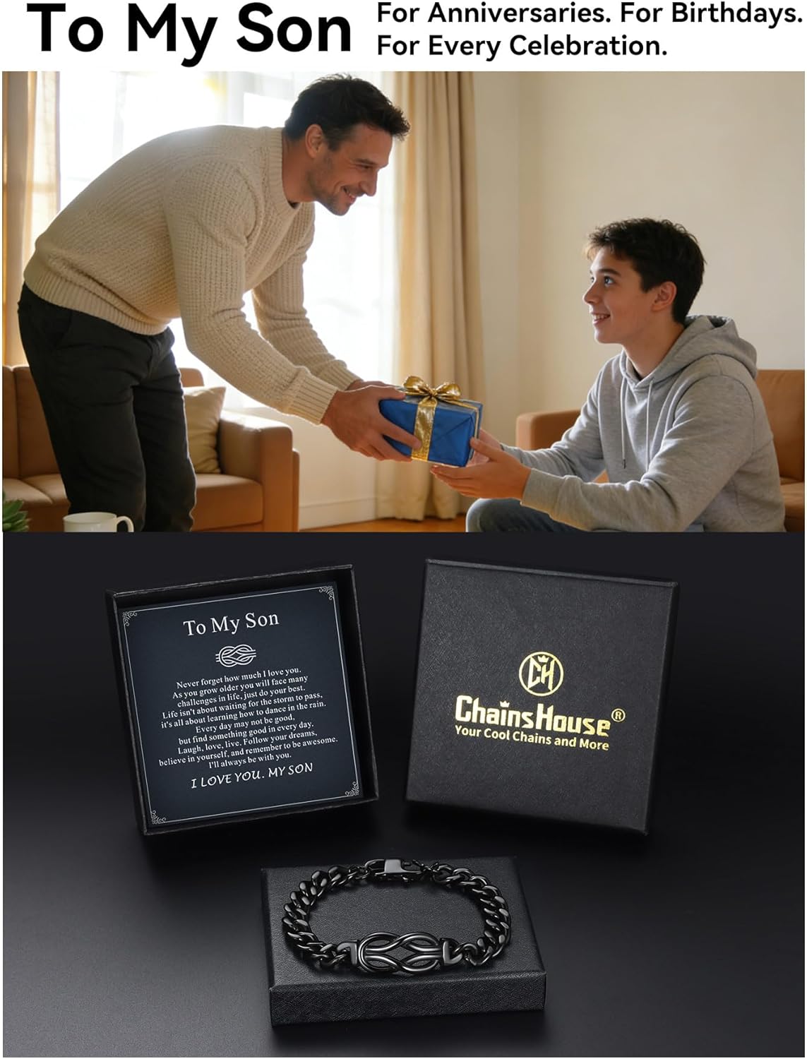 ChainsHouse Square Love Knot Bracelets for Men Braided Leather Stainless Steel Infinity Bracelets with Love Message Card Aniversary Birthday Gift for Men/Love/Husband/Dad