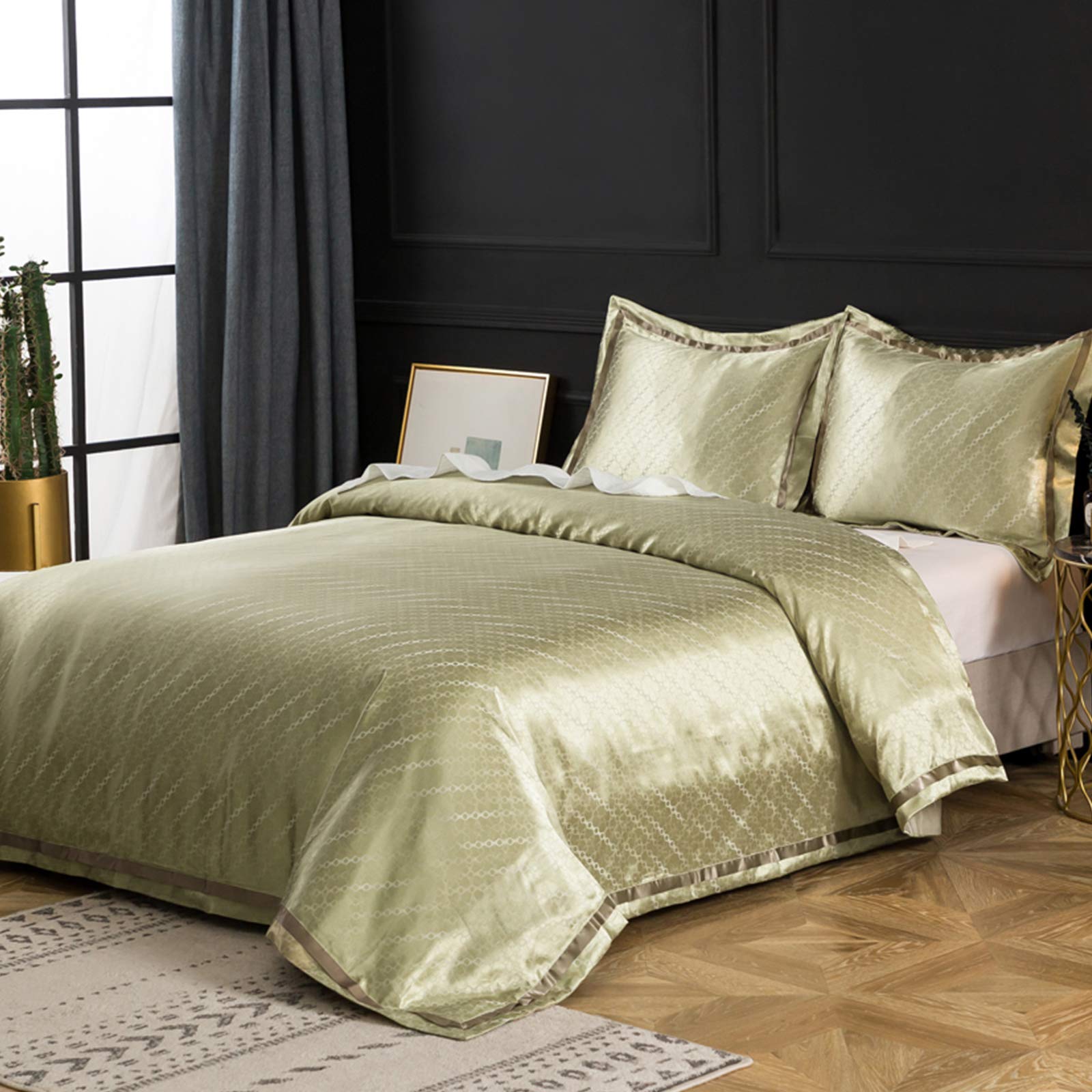 Simple&Opulence Polyester Viscose Cotton Sateen Silk Bedding, 3 Pieces Jacquard Golden Drop Lattice Duvet Cover Set 1 Comforter Cover 2 Pillowshams(88''x92'',Queen)