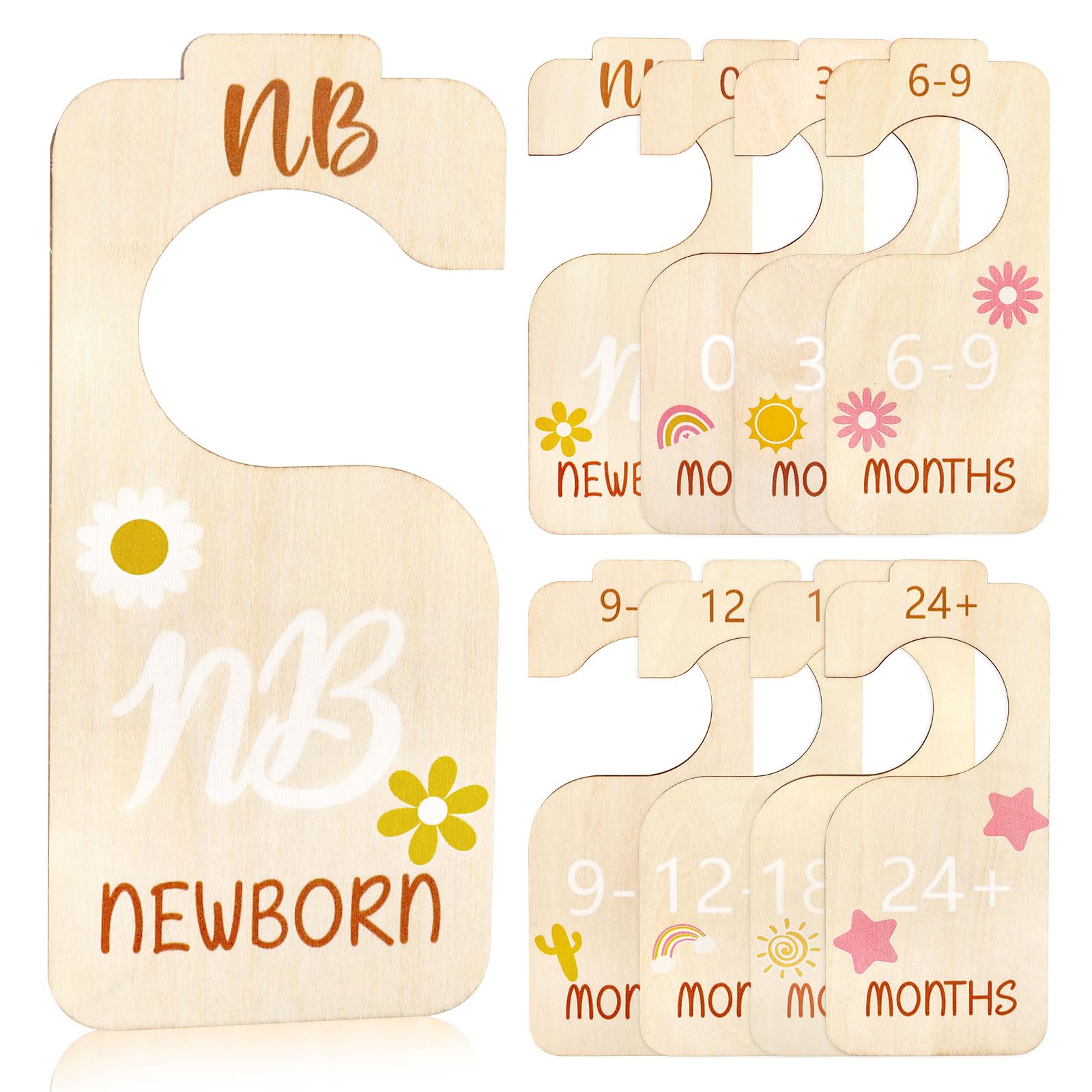 Atiloy 8Pcs Baby Closet Dividers for Clothes Organizer 3D Daisy Wooden Double Sided Baby Clothes Size Hanger Organizer from Newborn to 24 Months for