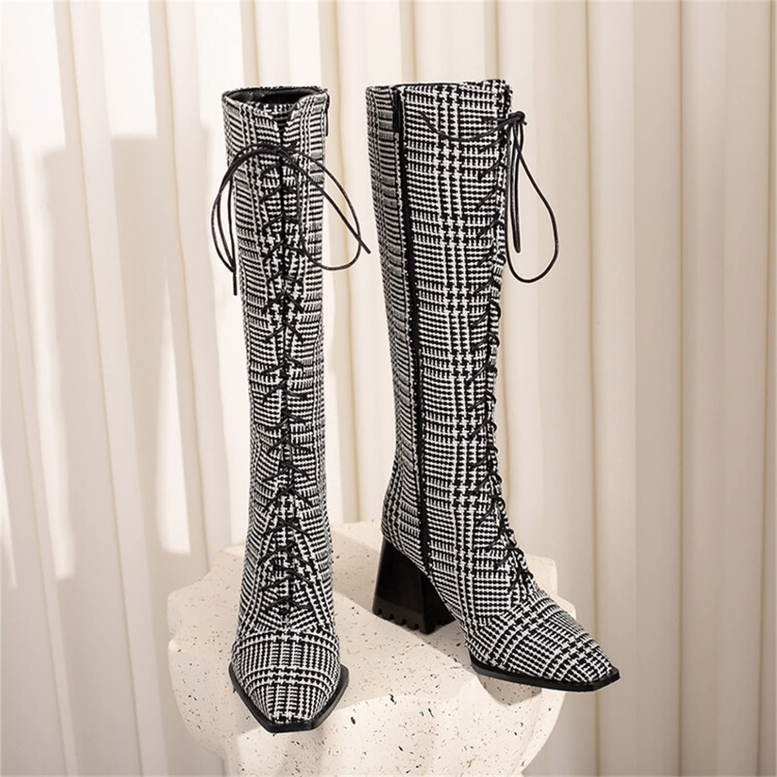 Botas de Vestir Rujer Botas largas de tacón Grueso con Cremallera Lateral con Cordones en la Parte Delantera Puntiaguda Estampado Leopardo para Mujer