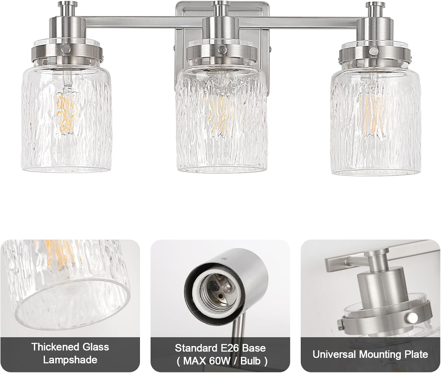 3 Lights Bathroom Light Fixtures Farmhouse Brushed Nickel Vanity Lights for Bathroom Lighting Fixtures Over Mirror with Hammered Glass Lampshade for Cabinet Mirror Bedroom Hallway
