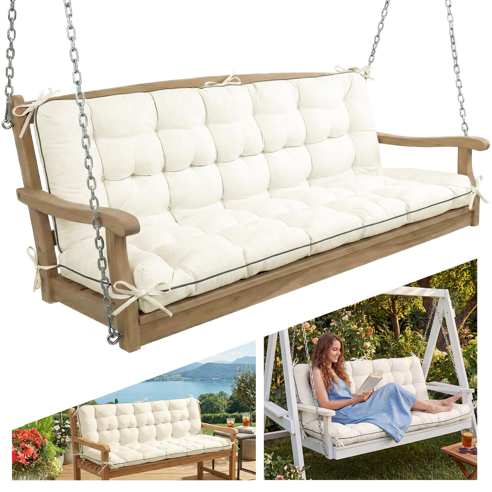 Oxford Fabric Swing Cushions with Backrest & Tie Straps - Crushed Sponge Filled for Outdoor Patio Bench, 2-3 Seater Replacement for Swing Chair (CREAM, 60 INCH × 40 INCH)