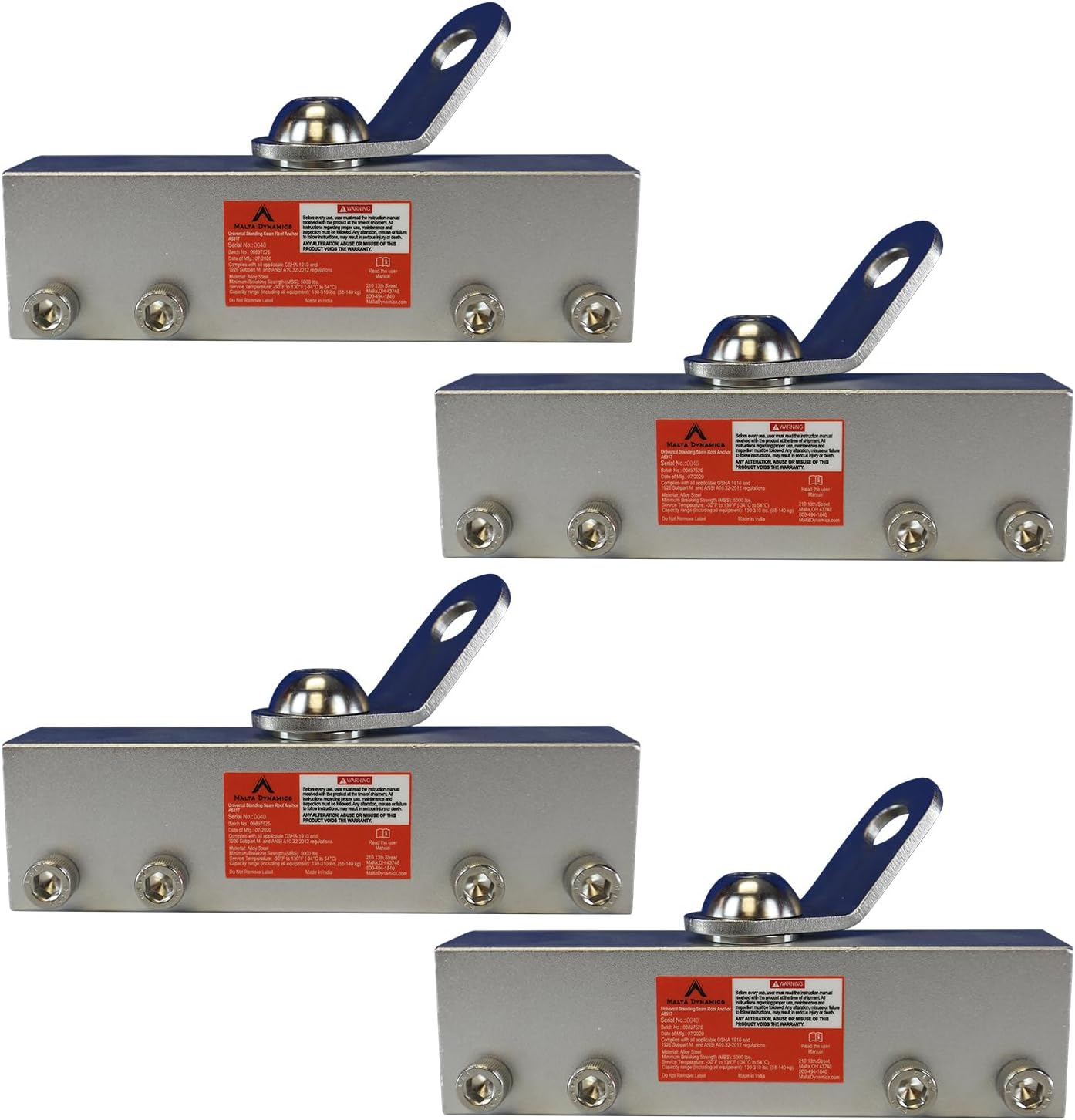 Malta Dynamics Fall Protection Roof Anchor – Stainless Steel Roof Clamp with 360° Swivel, Easy to Install Fall Arrest System and Roofing Safety, OSHA and ANSI Compliant (4 units)