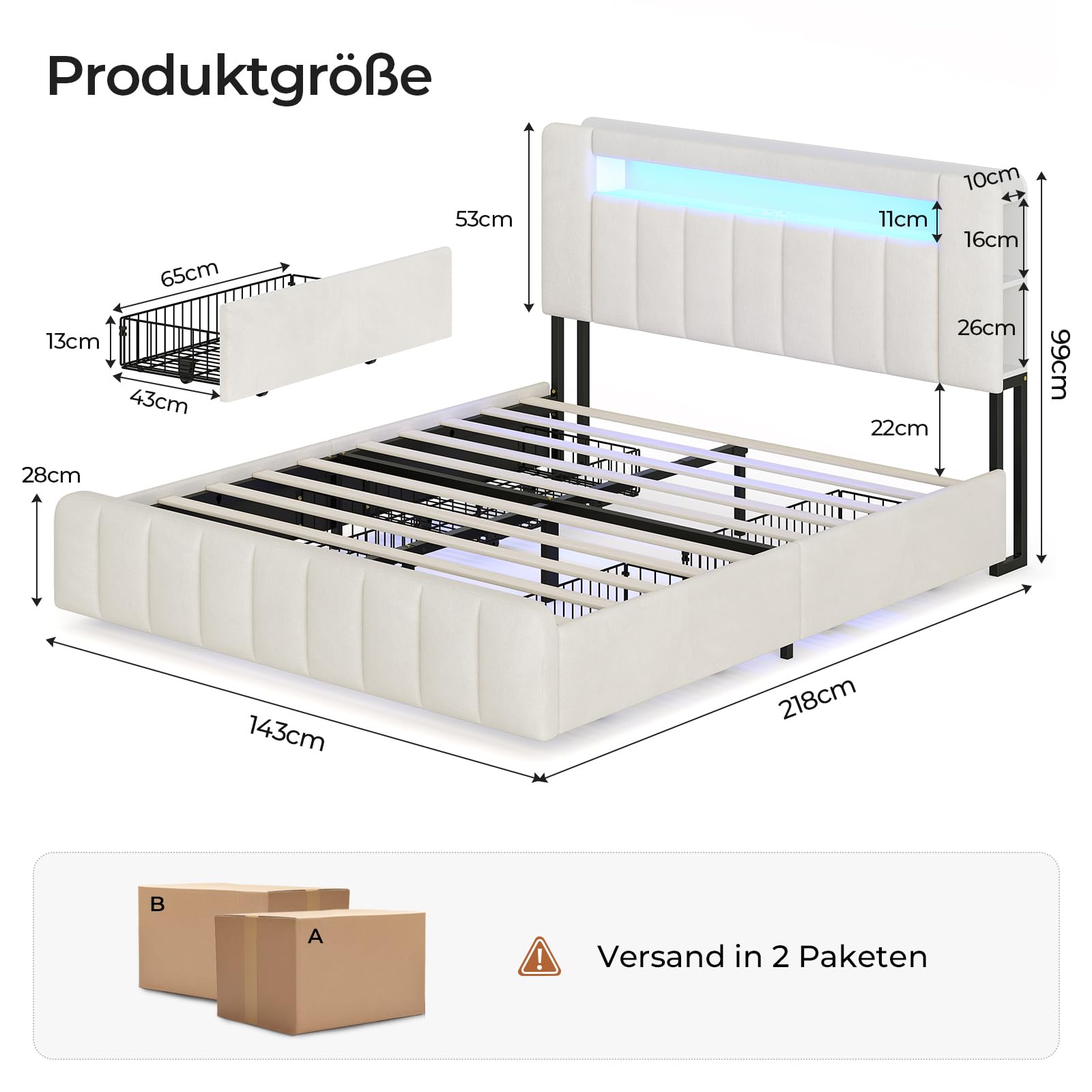 AOGLLATI Polsterbett 140x200 cm mit Stauraum - 4 Schubladen Jugendbett mit LED-Beleuchtung & Ladestation,Doppelbett mit Kopfteil aus Samt Bett 140x200 mit Lattenrost-ohne Matratze,Beige Samt