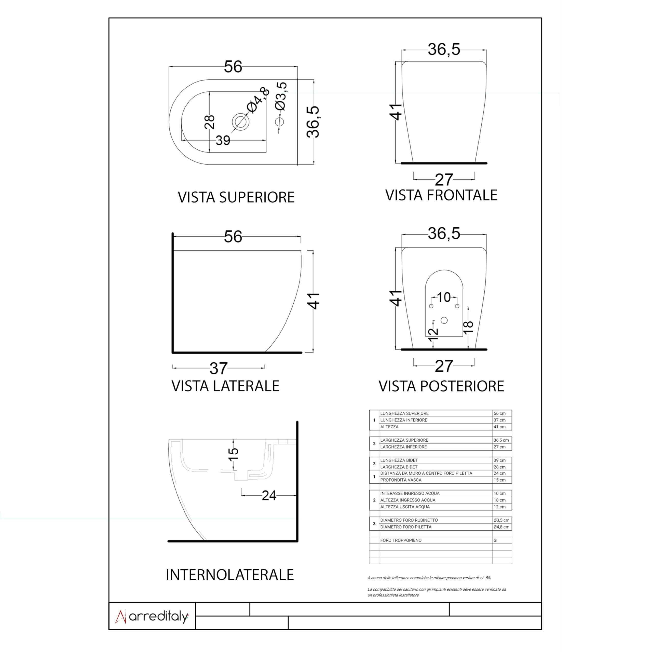 Coppia Sanitari Filomuro Filo Muro Filo Parete Vaso WC E Bidet Design Moderno In Ceramica Con Copriwater Chiusura Soft Close Chiusura Rallentata Colore Bianco