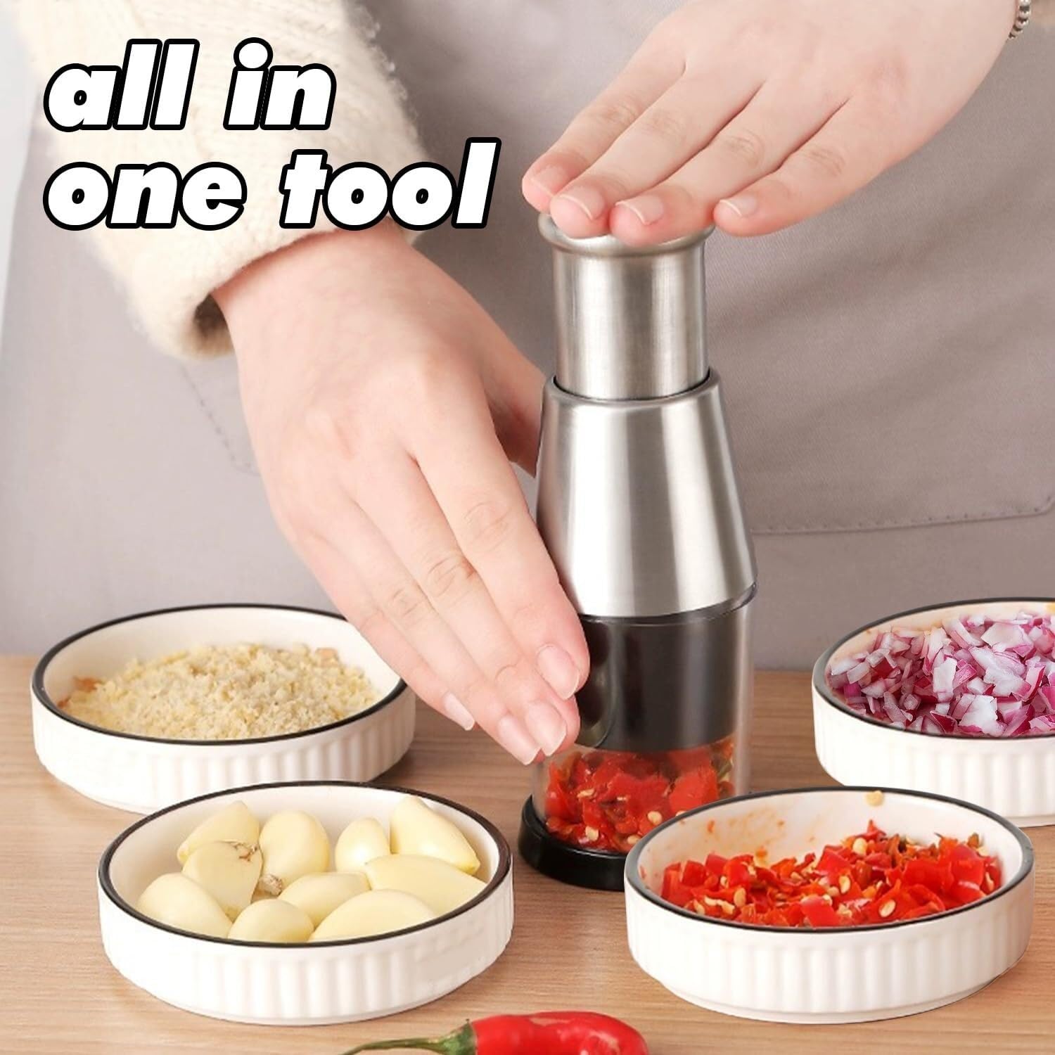Knoblauchpresse Edelstahl Manueller Fleischwolf für Knoblauch, Ingwer, Zwiebel – Küchenpresse mit Griff und Schäler, ideal für Salatdressing und Kochen