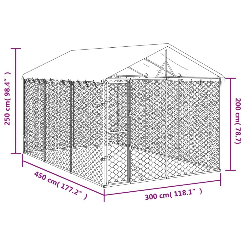 Zewnętrzna buda dla psów z dachem, srebrna, 3 x 4,5 x 2,5 m, stal ocynkowana, wytrzymały kojec dla psów, szczeniaków