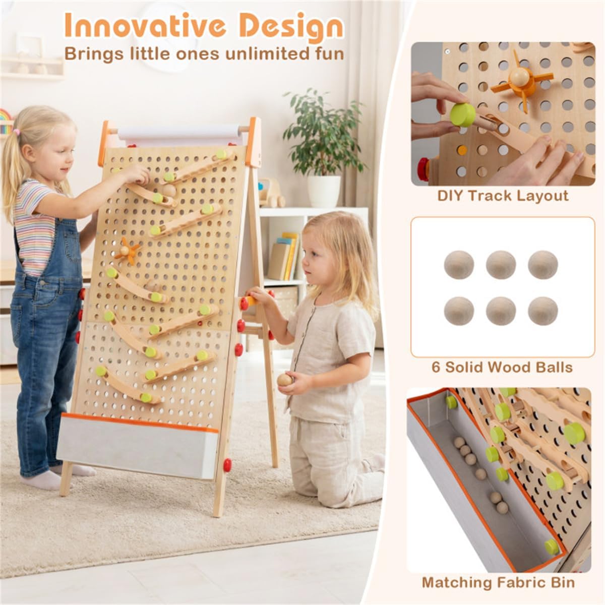 4-in-1 Kids Art Easel with Marble Run - Adjustable Height Double-Sided Drawing Board with Paper Roll Holder & Storage Trays (for Ages 3+)