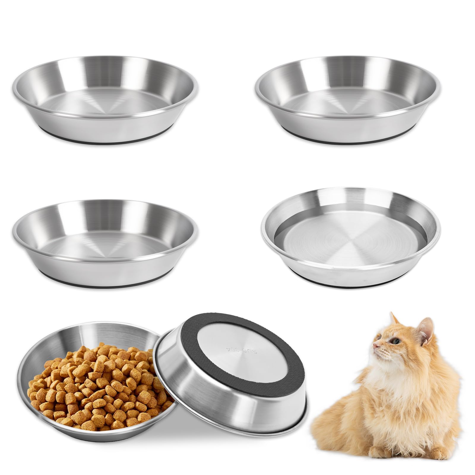 Cat Bowl Stainless Steel, 6 Pack Non-Slip Metal Cat Food Water Bowls, Pet Feeding Whisker Fatigue Shallow Dishes with Rubber Base for Kitten Small Dog