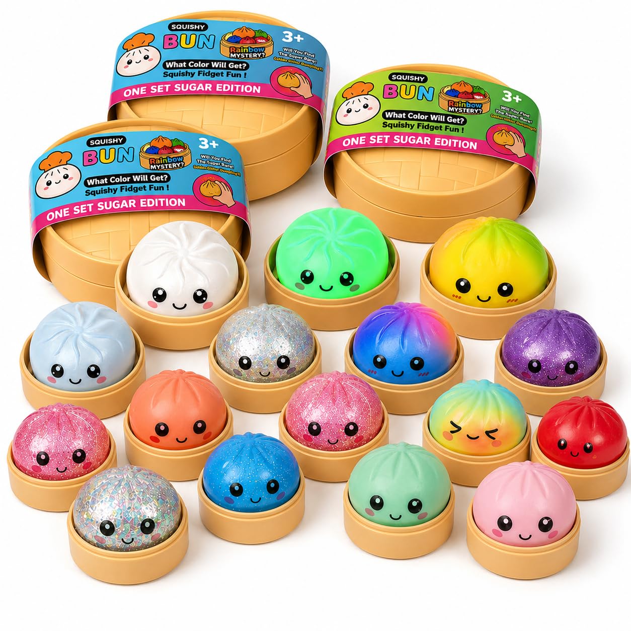 Squishy Dumpling XXL - Juego De 1 Bola Anti-estrés Con Efecto Sorpresa (Mate O Glitter), Baozi De 9,5 Cm En Caja De Vapor, Squeeze Toy Para Oficina