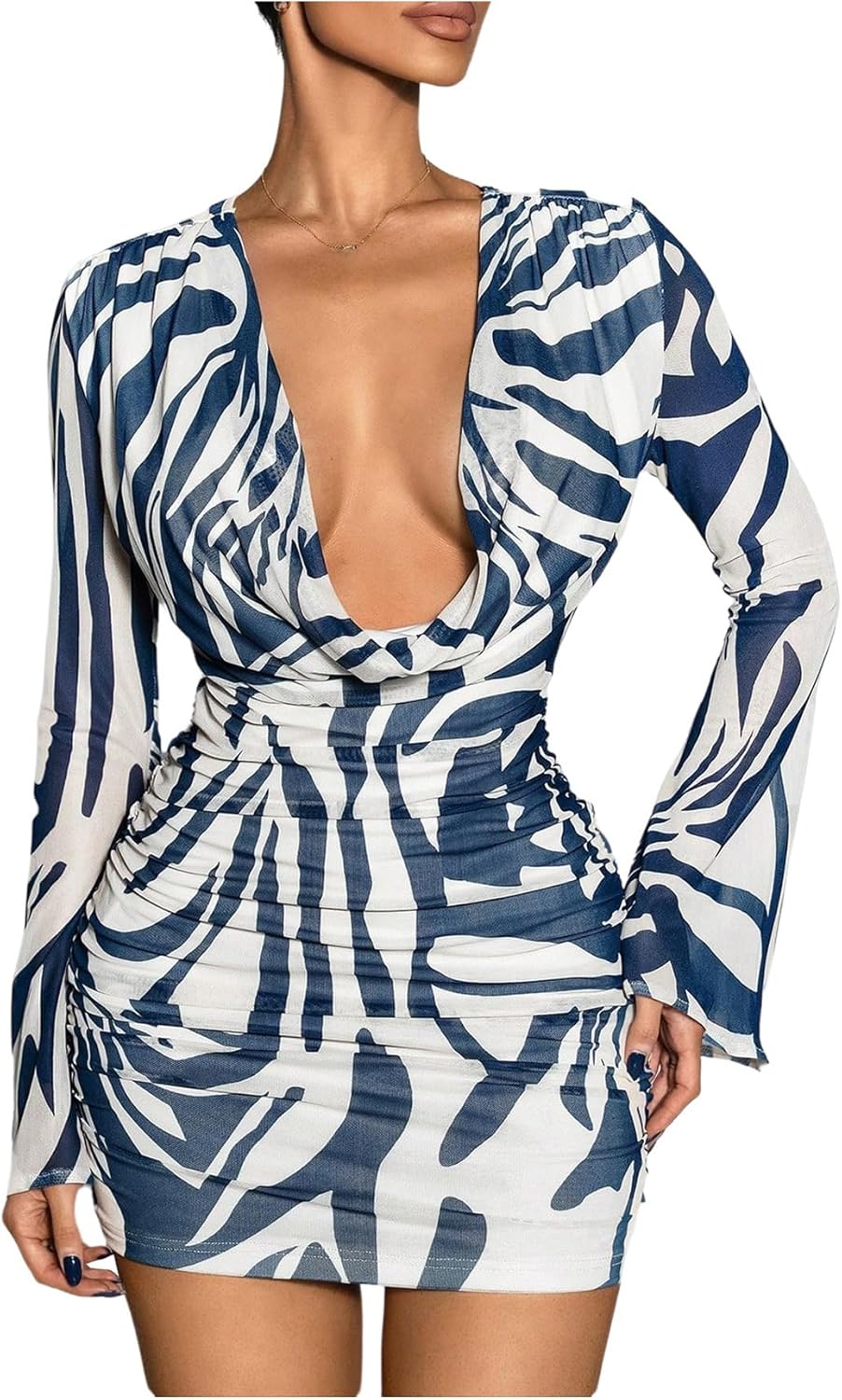 Floerns Women's Zebra Striped Draped Cowl Neck Mini Dress Long Sleeve Formal Party Bodycon Dresses