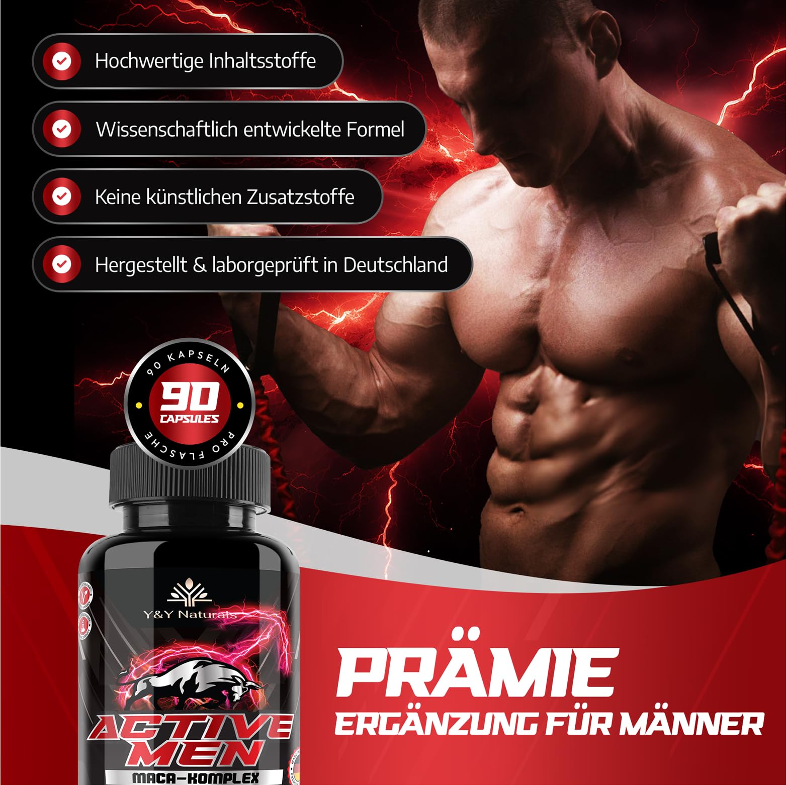 Männer Testosteron¹ Kapseln – 10-in-1 Komplex mit Maca 20:1, Tribulus, Bockshornklee, Zink, Selen & Safran | Active Men | Vegan, Laborgeprüft, Made in Germany | Alternative zu Ashwagandha